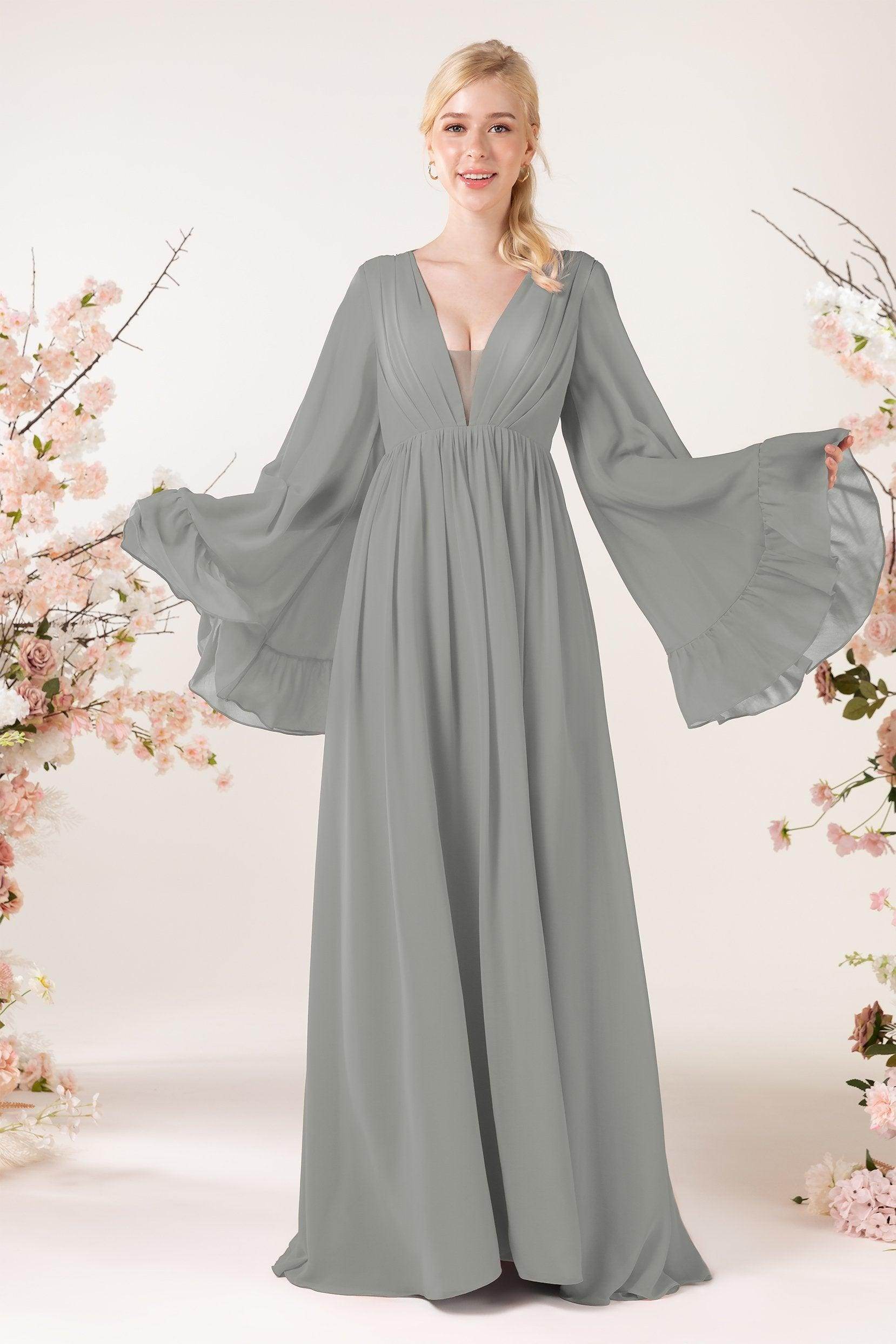 A-Line Sweep-Brush Train Chiffon Bridesmaid Dress CB0465 - COCOMELODY