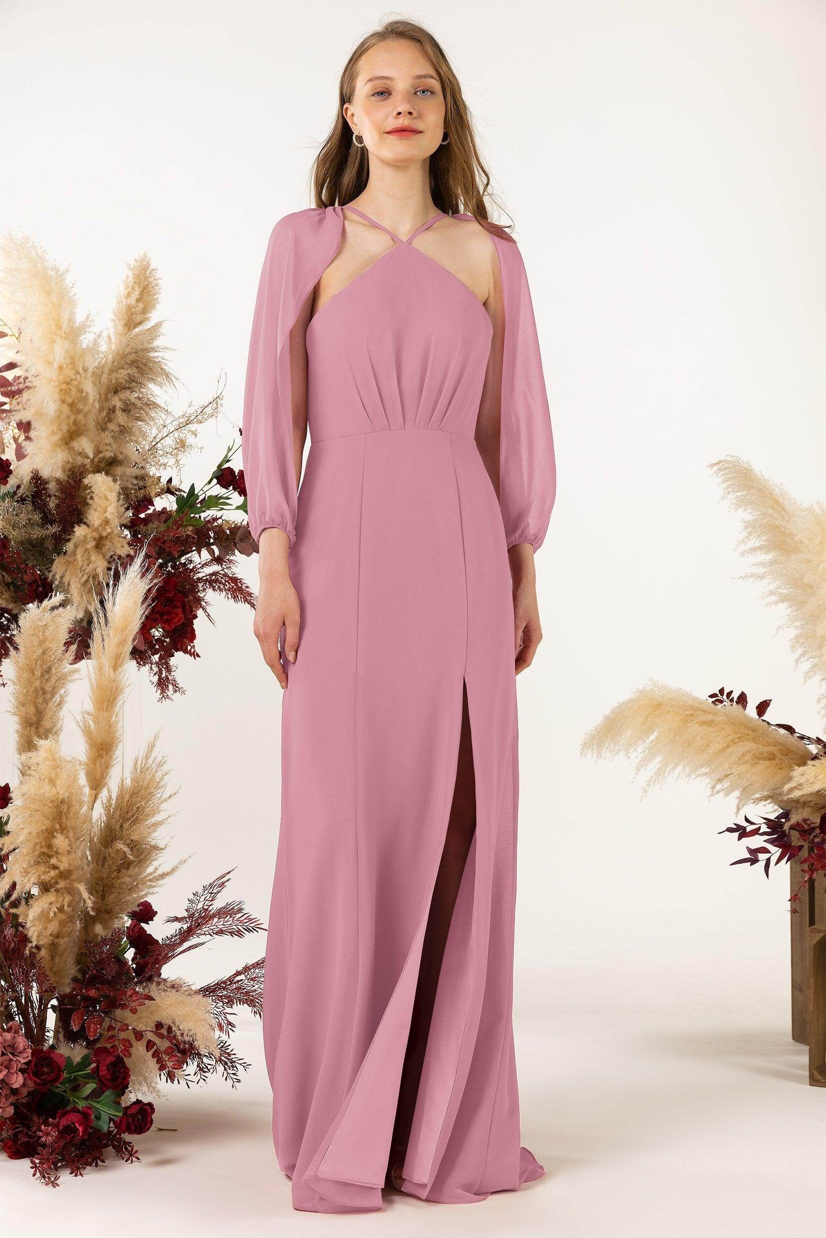 Sheath Sweep-Brush Train Chiffon Bridesmaid Dress CB0469 - COCOMELODY