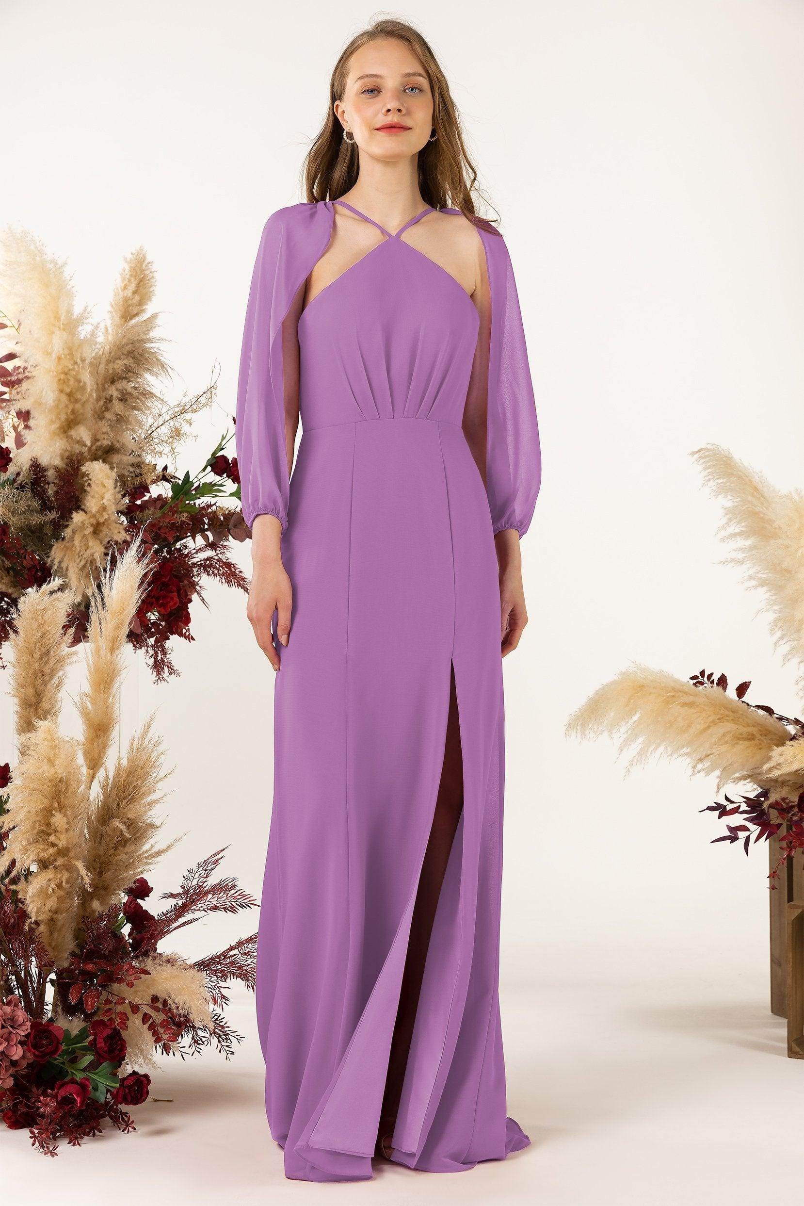 Sheath Sweep-Brush Train Chiffon Bridesmaid Dress CB0469 - COCOMELODY