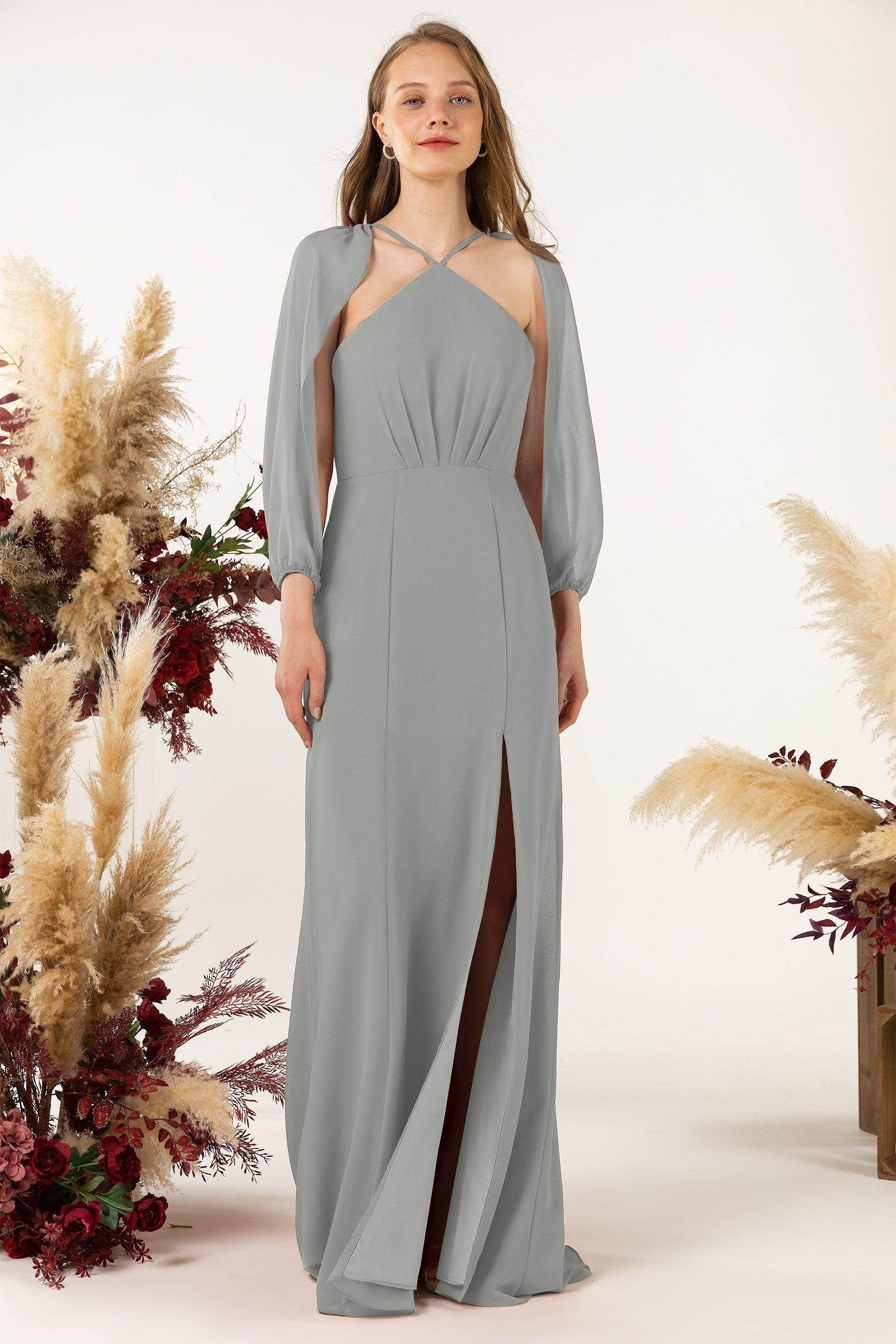 Sheath Sweep-Brush Train Chiffon Bridesmaid Dress CB0469 - COCOMELODY