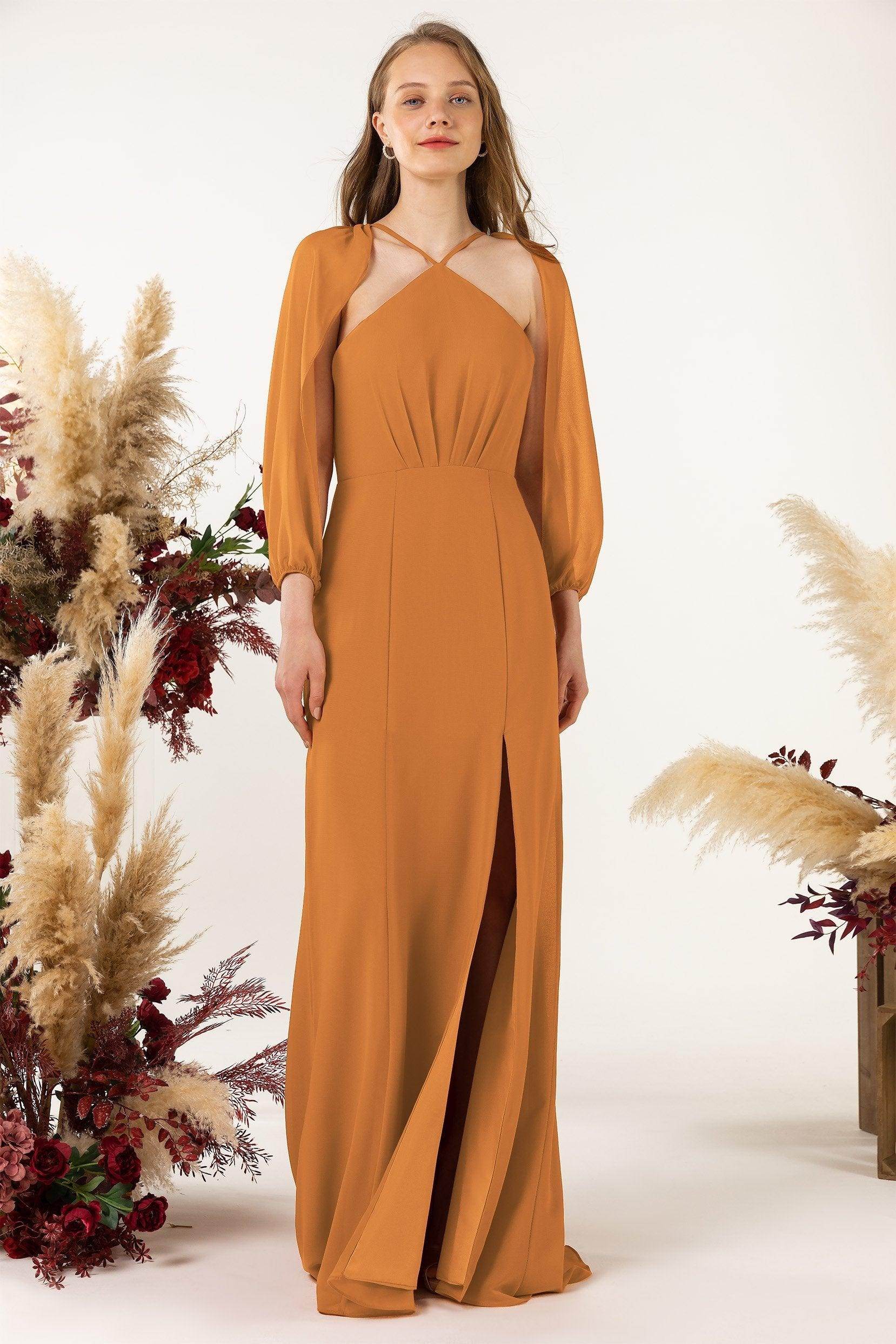 Sheath Sweep-Brush Train Chiffon Bridesmaid Dress CB0469 - COCOMELODY