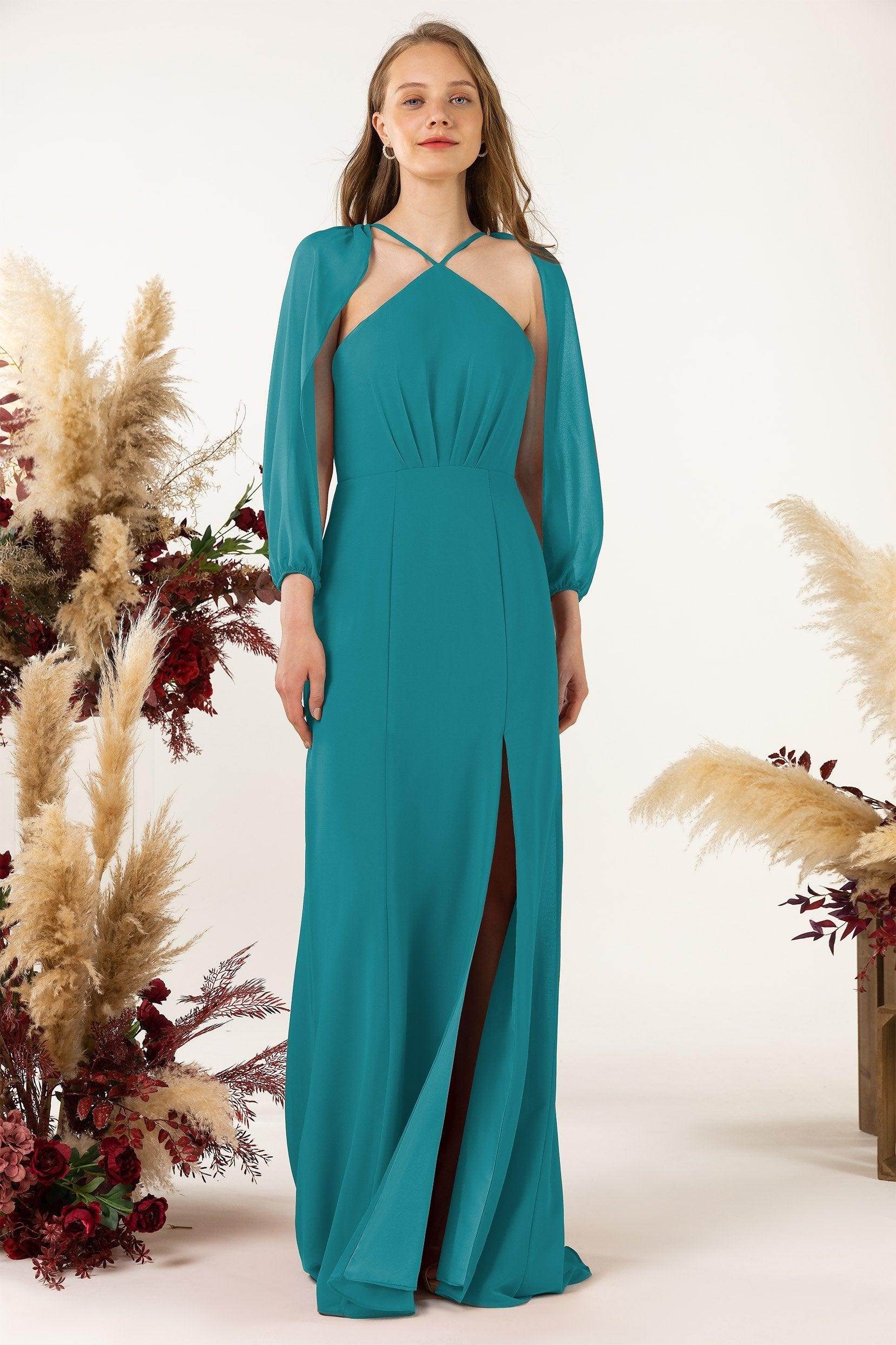 Sheath Sweep-Brush Train Chiffon Bridesmaid Dress CB0469 - COCOMELODY