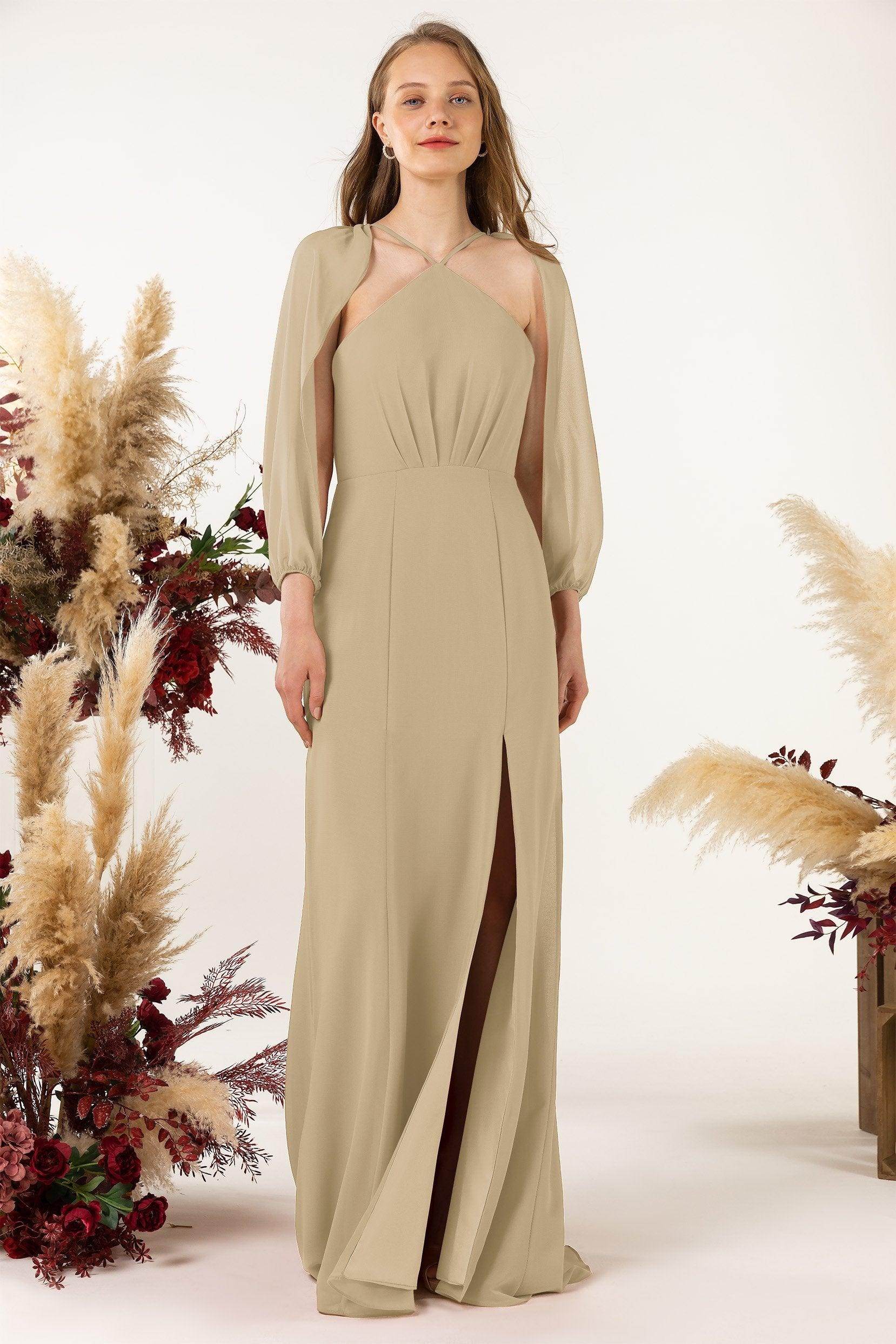 Sheath Sweep-Brush Train Chiffon Bridesmaid Dress CB0469 - COCOMELODY