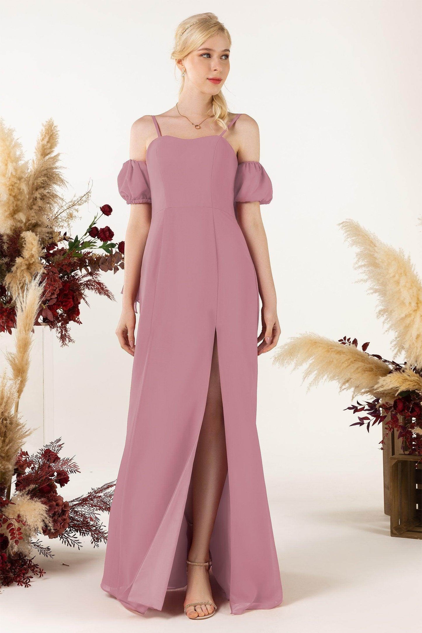 A-Line Sweep-Brush Train Chiffon Bridesmaid Dress CB0471 - COCOMELODY