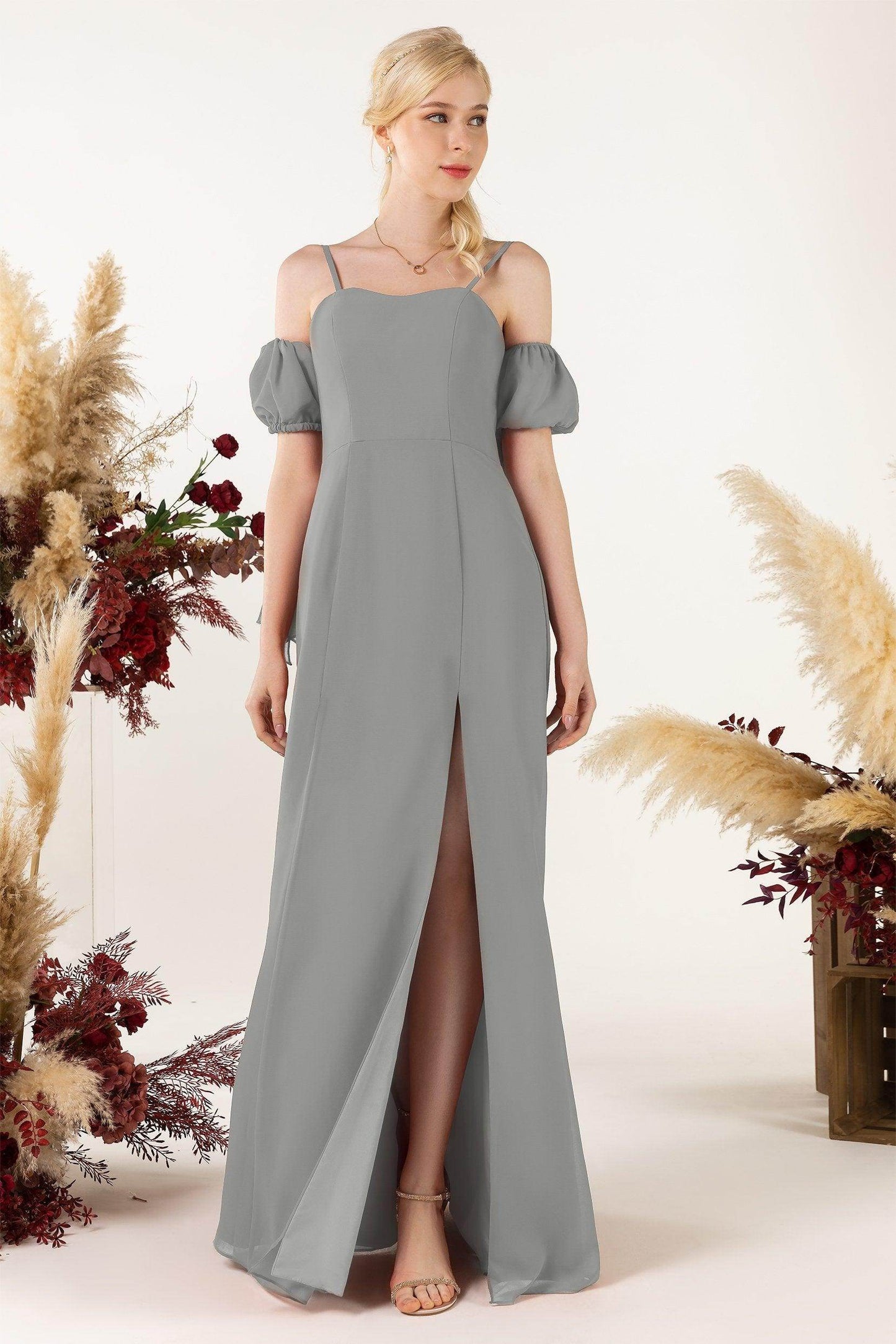 A-Line Sweep-Brush Train Chiffon Bridesmaid Dress CB0471 - COCOMELODY