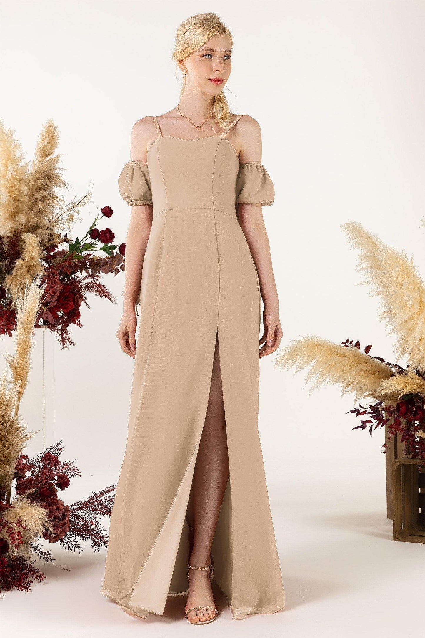 A-Line Sweep-Brush Train Chiffon Bridesmaid Dress CB0471 - COCOMELODY