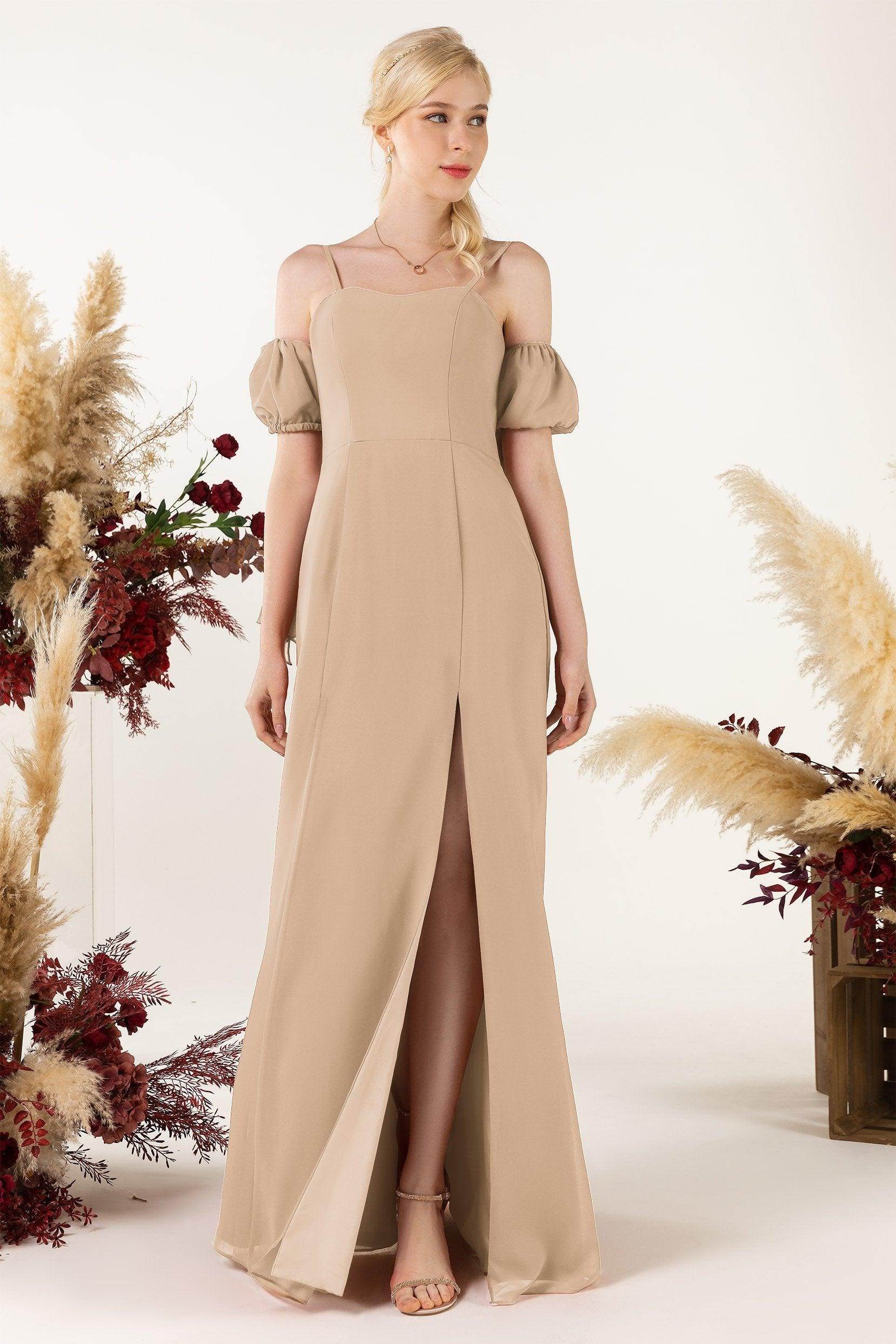 A-Line Sweep-Brush Train Chiffon Bridesmaid Dress CB0471 - COCOMELODY