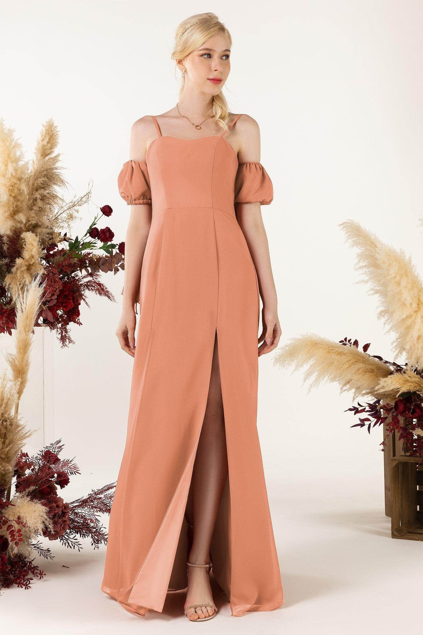 A-Line Sweep-Brush Train Chiffon Bridesmaid Dress CB0471 - COCOMELODY