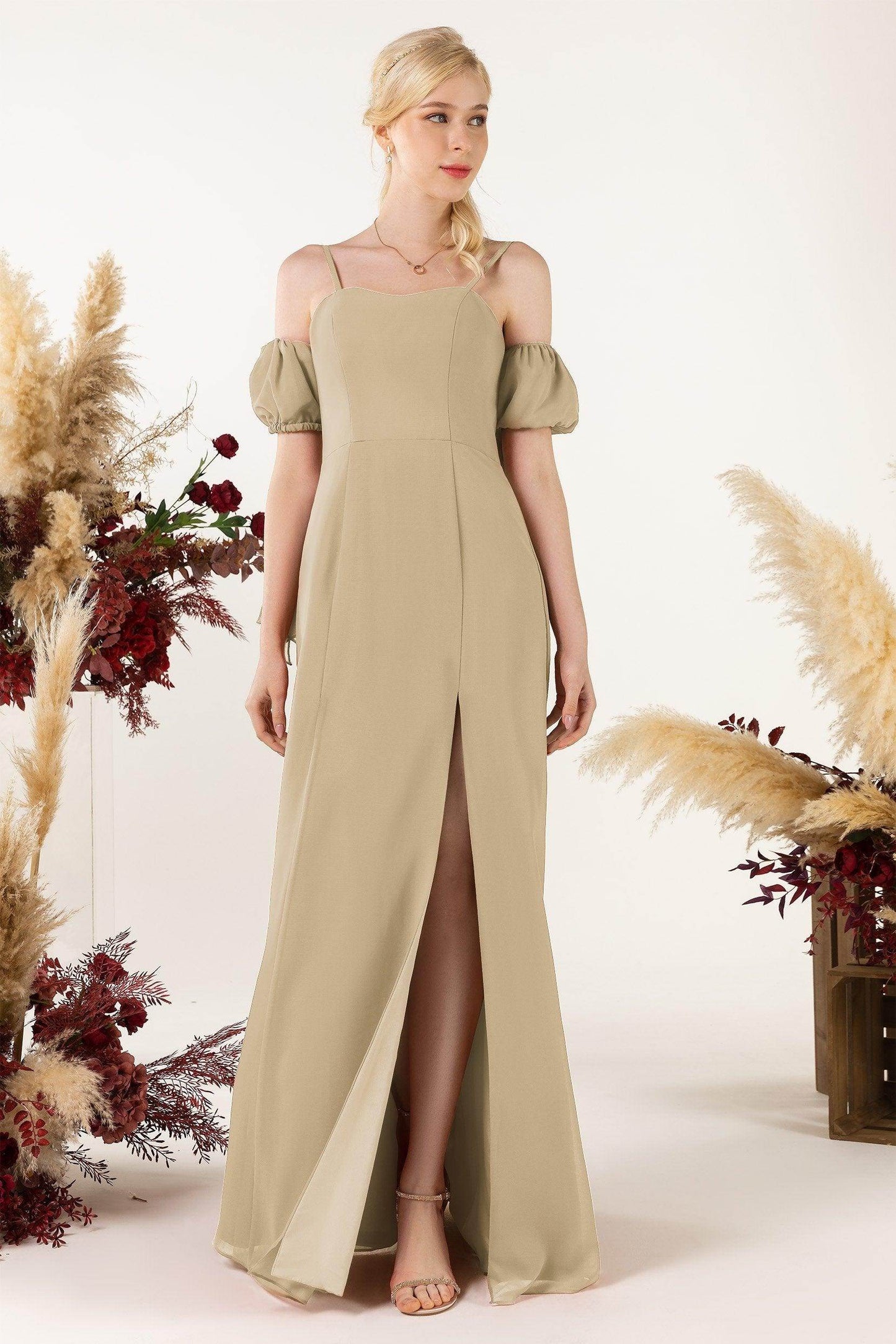 A-Line Sweep-Brush Train Chiffon Bridesmaid Dress CB0471 - COCOMELODY