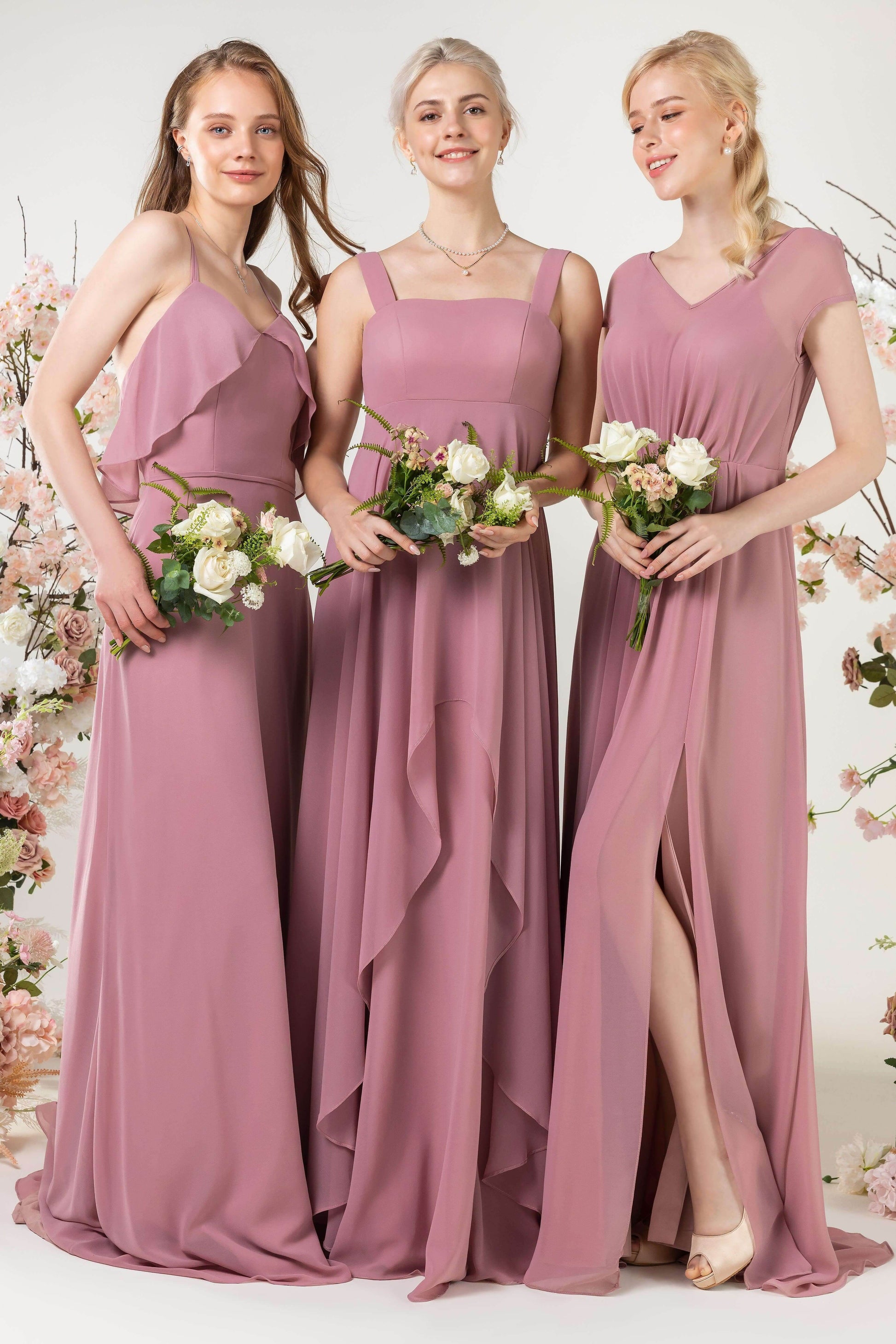A-Line Sweep-Brush Train Chiffon Bridesmaid Dress CB0473 - COCOMELODY