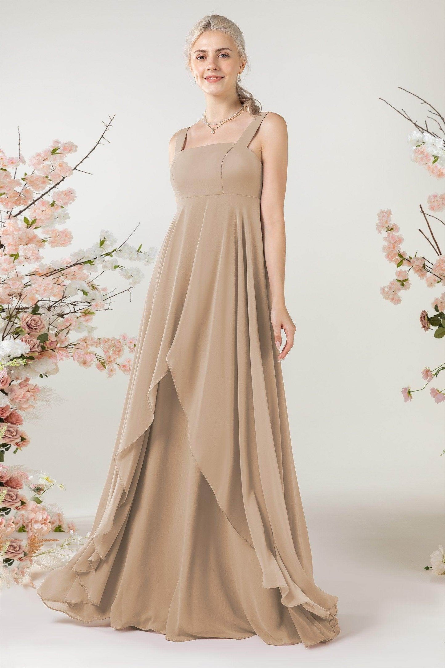 A-Line Sweep-Brush Train Chiffon Bridesmaid Dress CB0473 - COCOMELODY