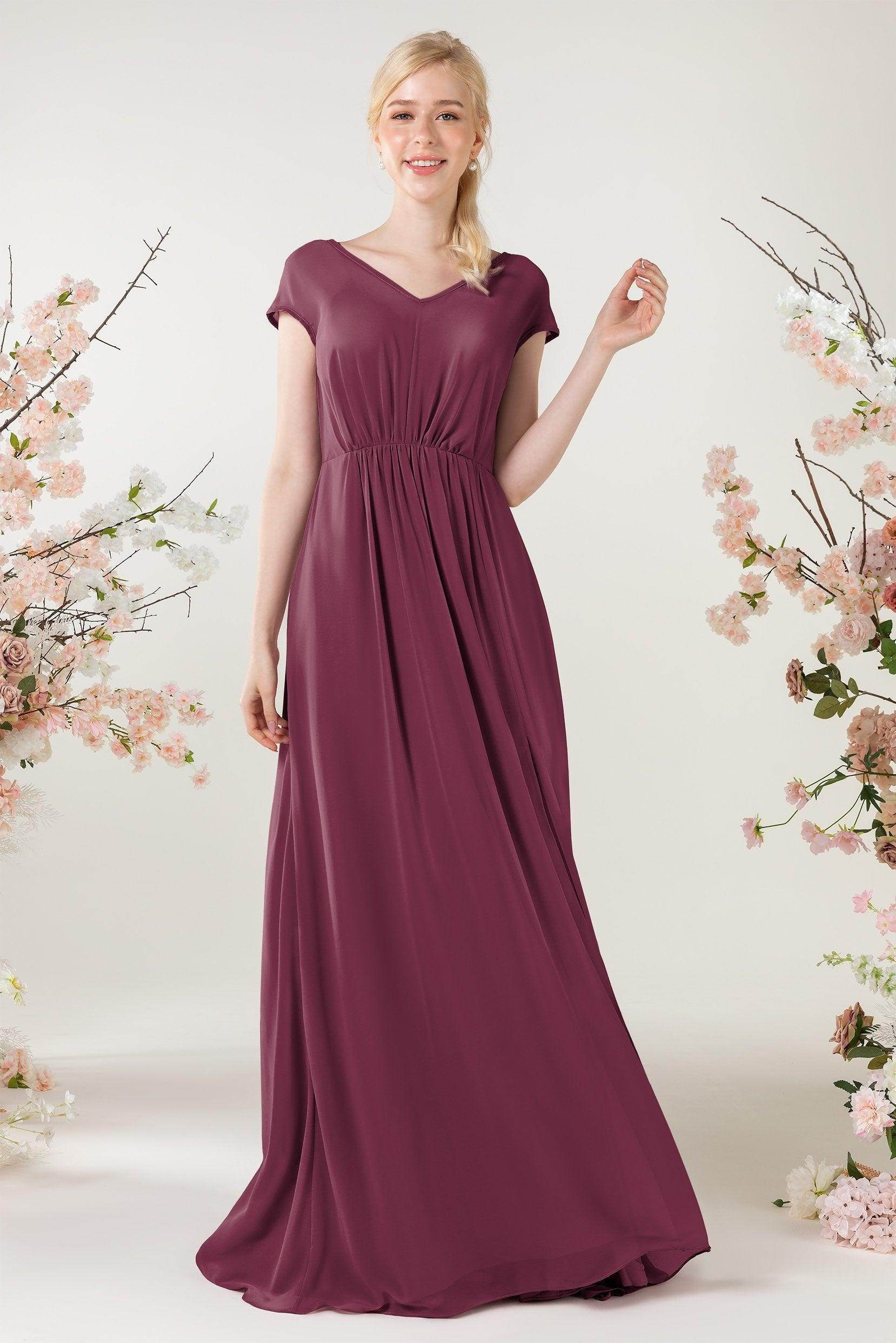 A-Line Sweep-Brush Train Chiffon Bridesmaid Dress CB0474 - COCOMELODY