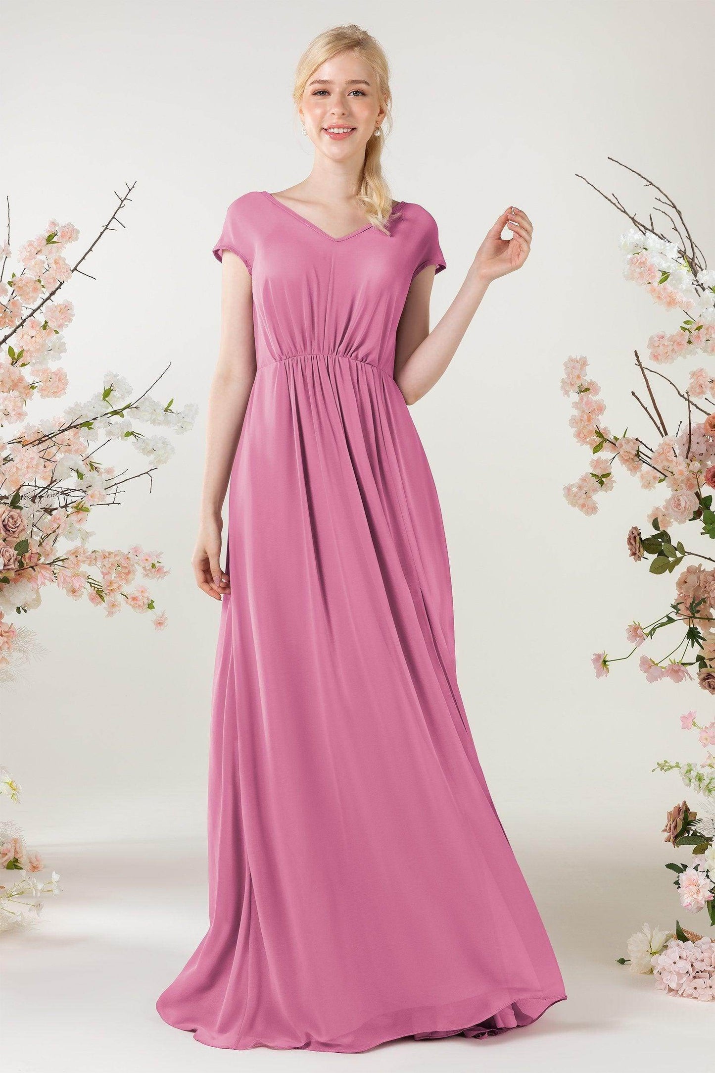A-Line Sweep-Brush Train Chiffon Bridesmaid Dress CB0474 - COCOMELODY
