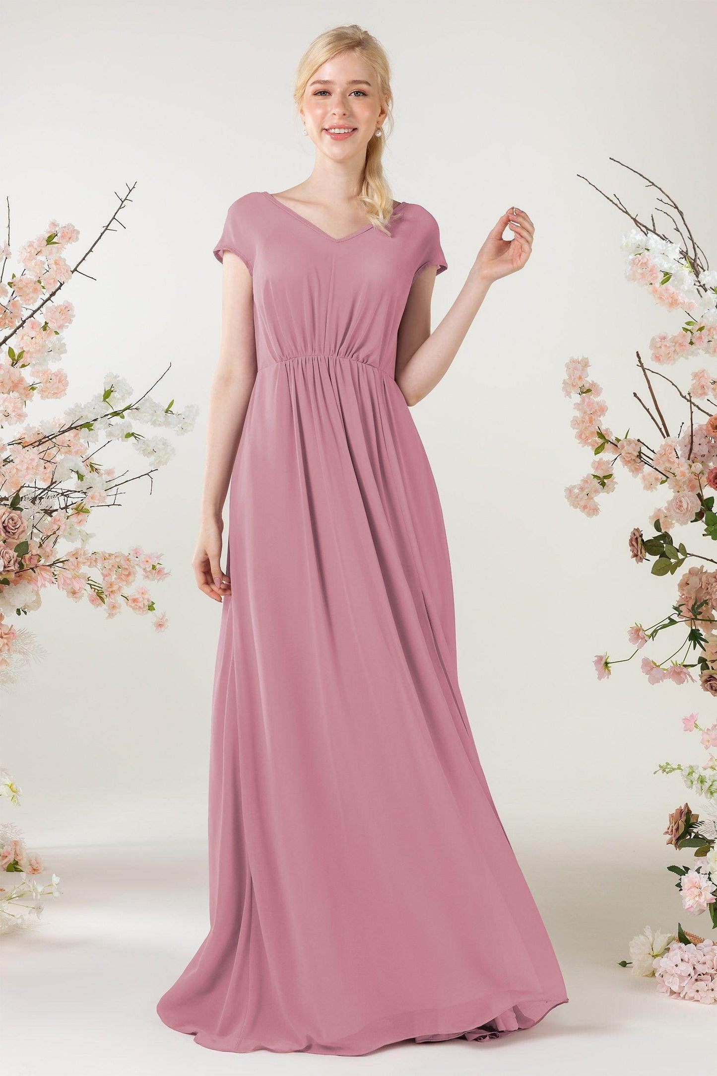A-Line Sweep-Brush Train Chiffon Bridesmaid Dress CB0474 - COCOMELODY