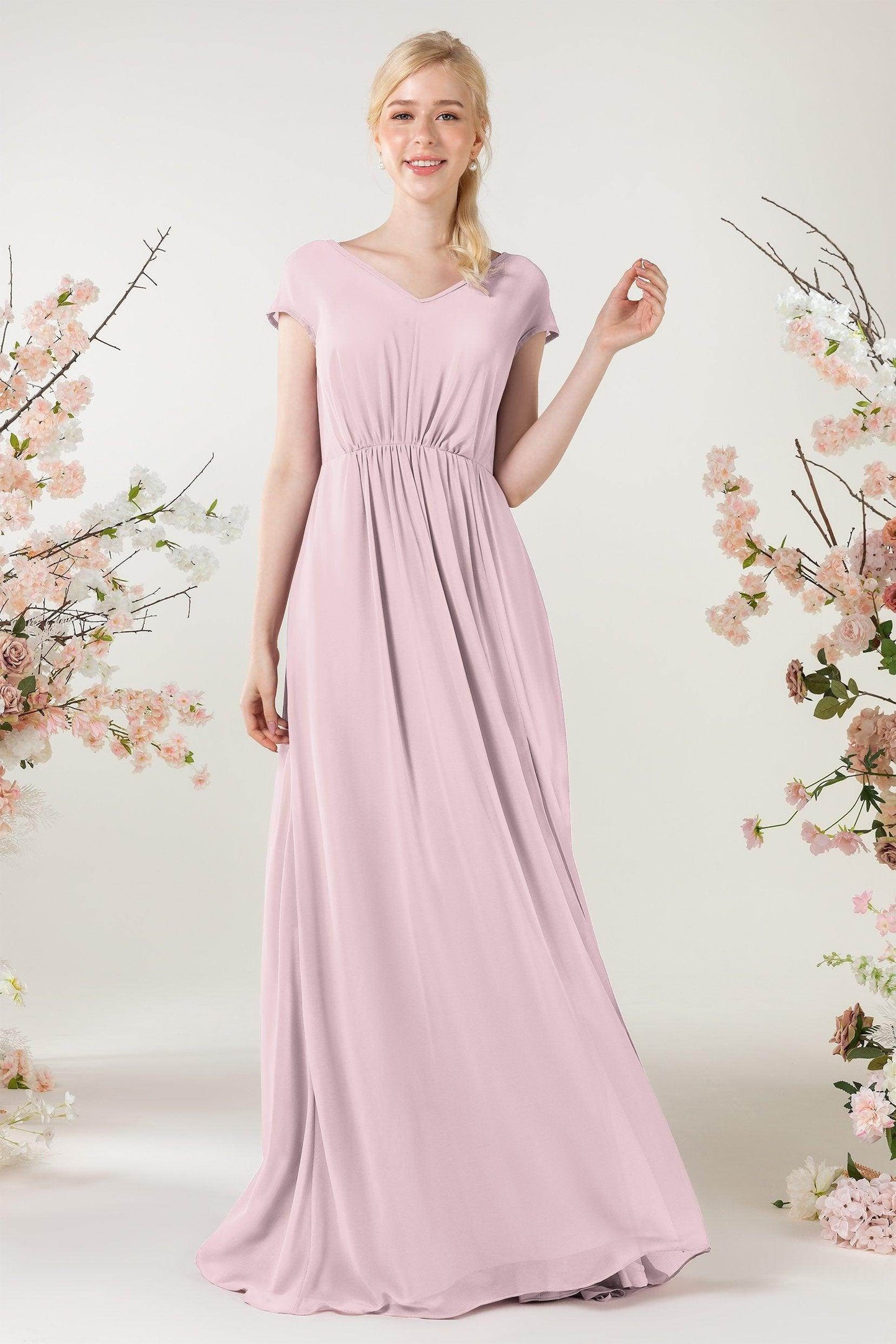 A-Line Sweep-Brush Train Chiffon Bridesmaid Dress CB0474 - COCOMELODY