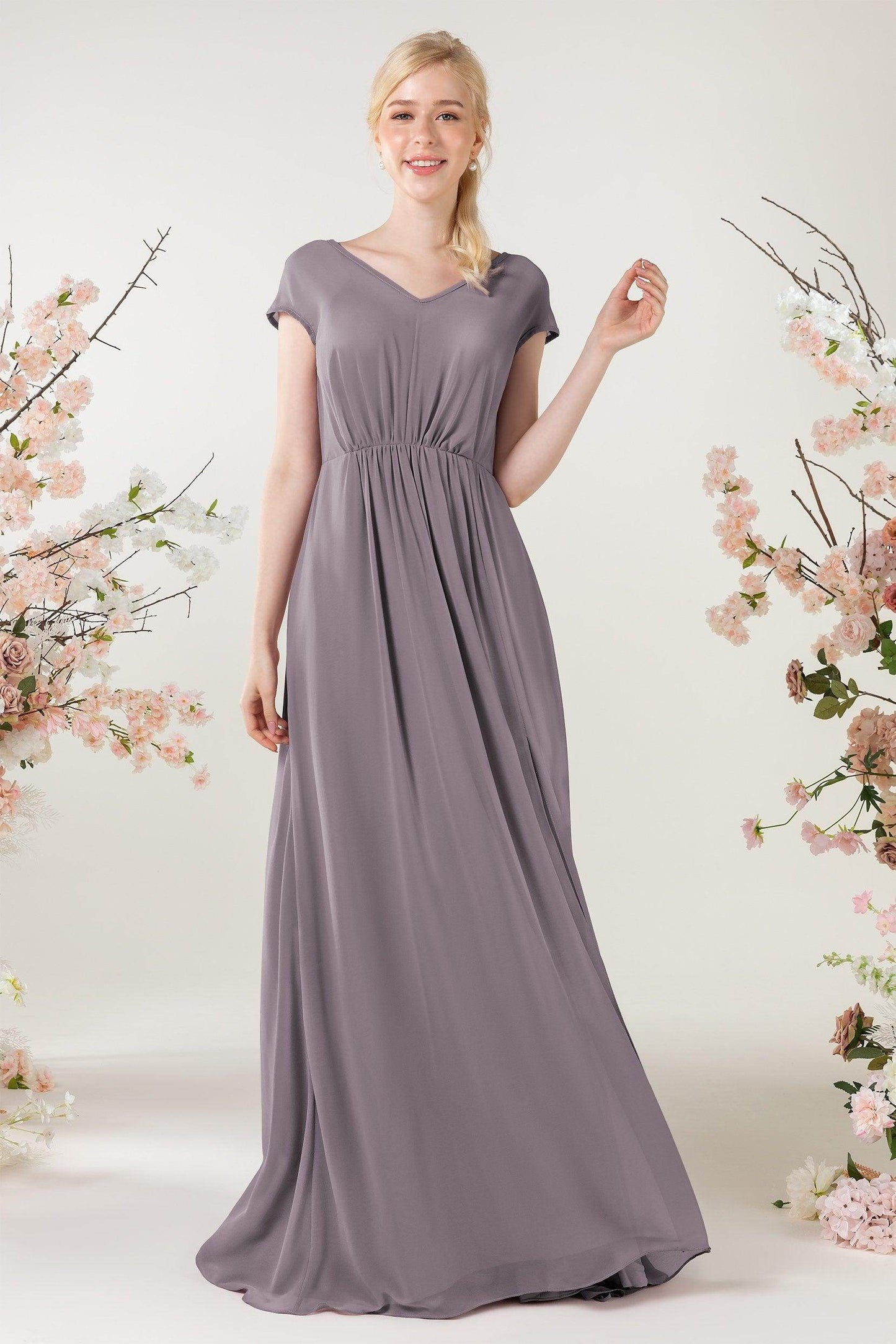 A-Line Sweep-Brush Train Chiffon Bridesmaid Dress CB0474 - COCOMELODY