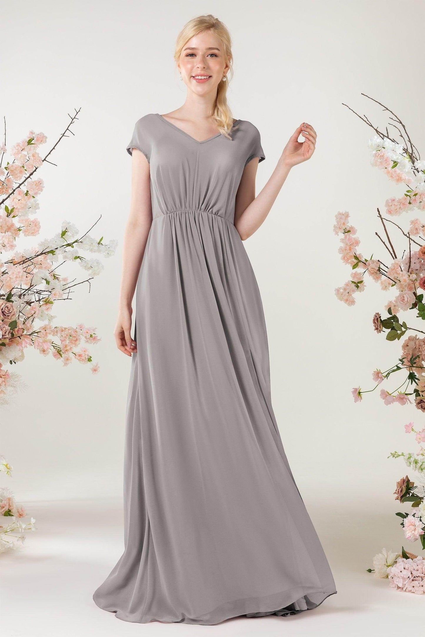 A-Line Sweep-Brush Train Chiffon Bridesmaid Dress CB0474 - COCOMELODY