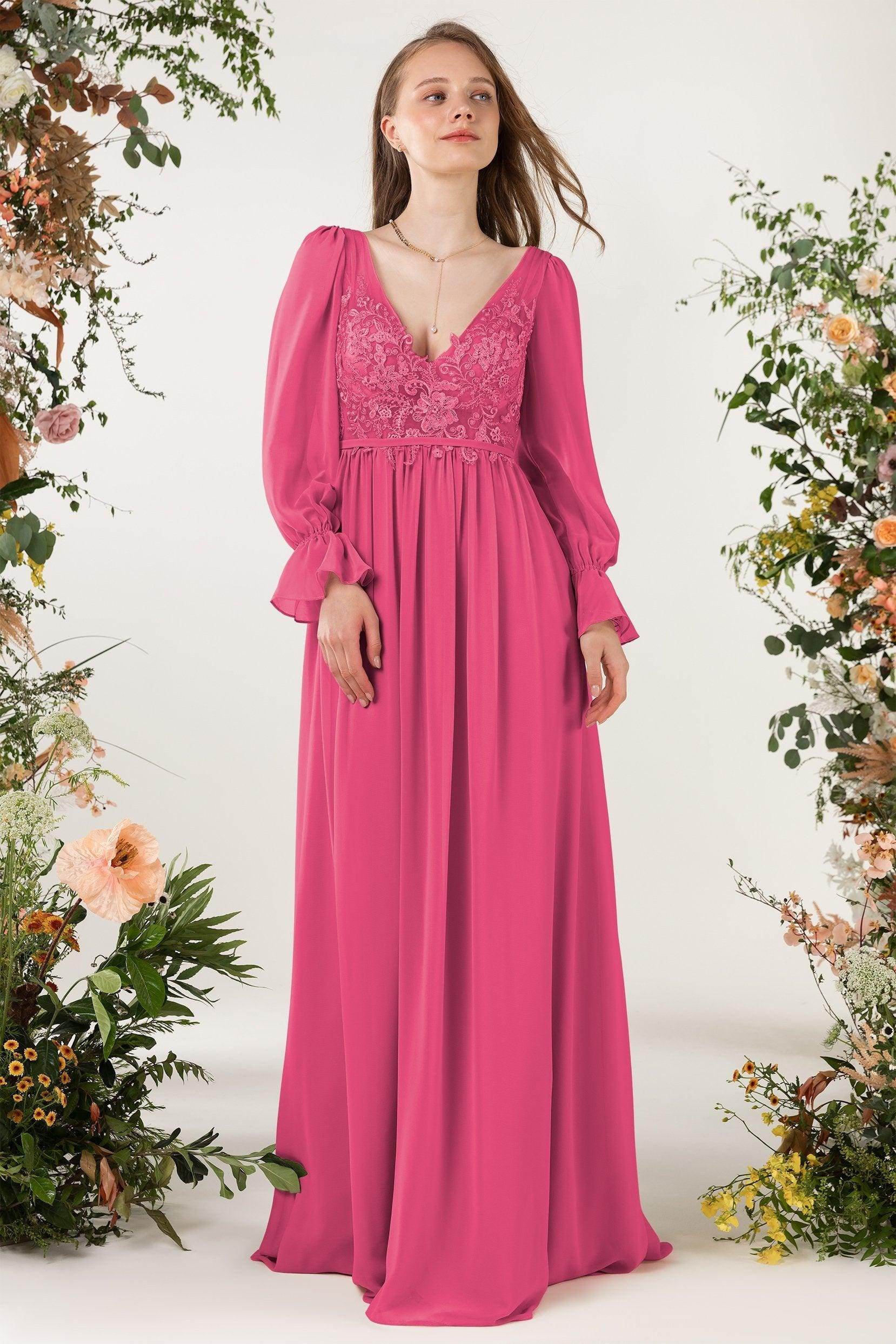 A-Line Sweep-Brush Train Chiffon Bridesmaid Dress CB0478 - COCOMELODY