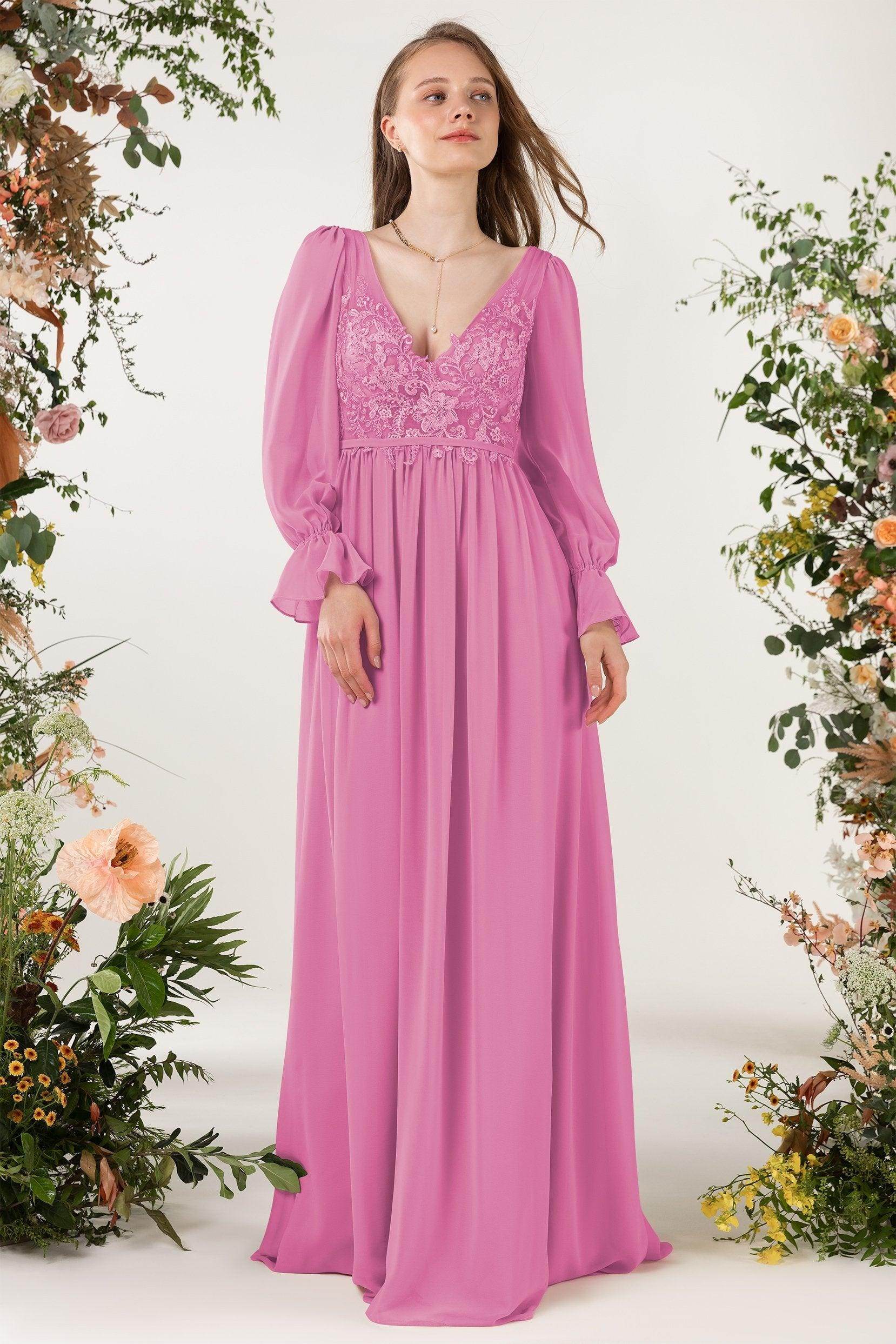 A-Line Sweep-Brush Train Chiffon Bridesmaid Dress CB0478 - COCOMELODY