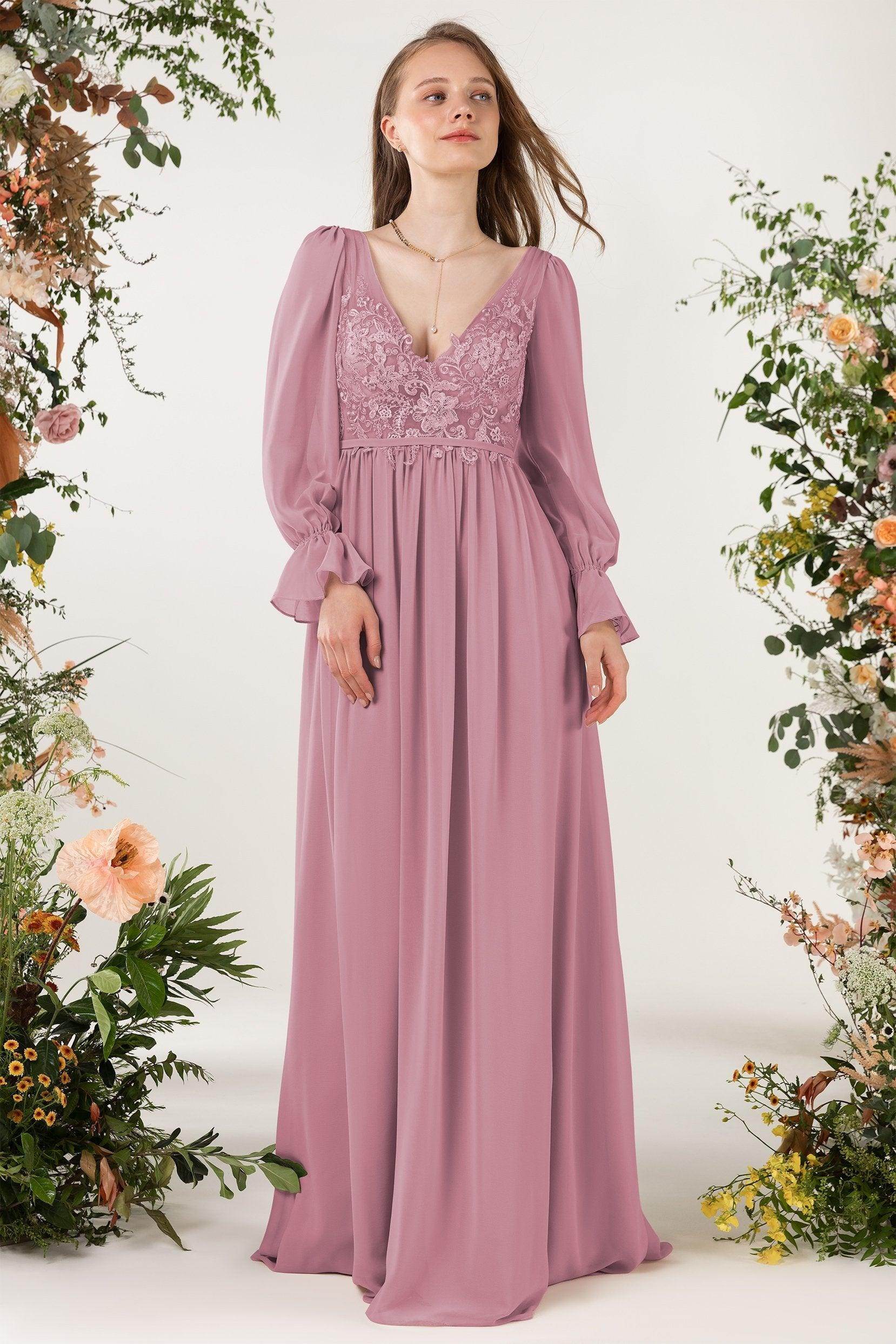 A-Line Sweep-Brush Train Chiffon Bridesmaid Dress CB0478 - COCOMELODY
