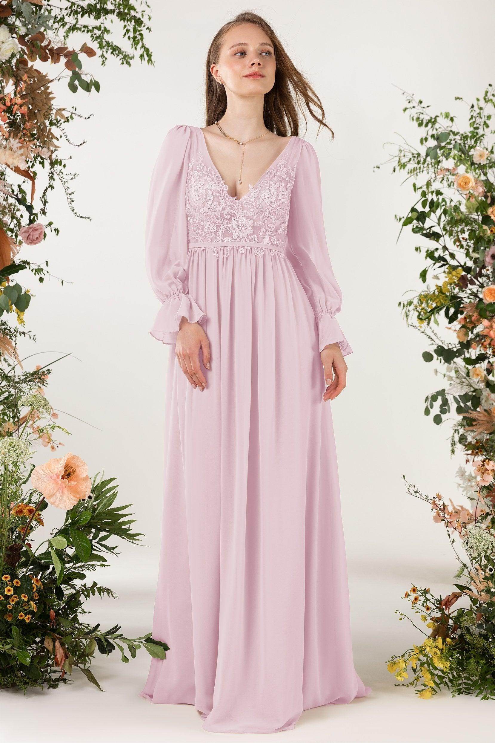 A-Line Sweep-Brush Train Chiffon Bridesmaid Dress CB0478 - COCOMELODY