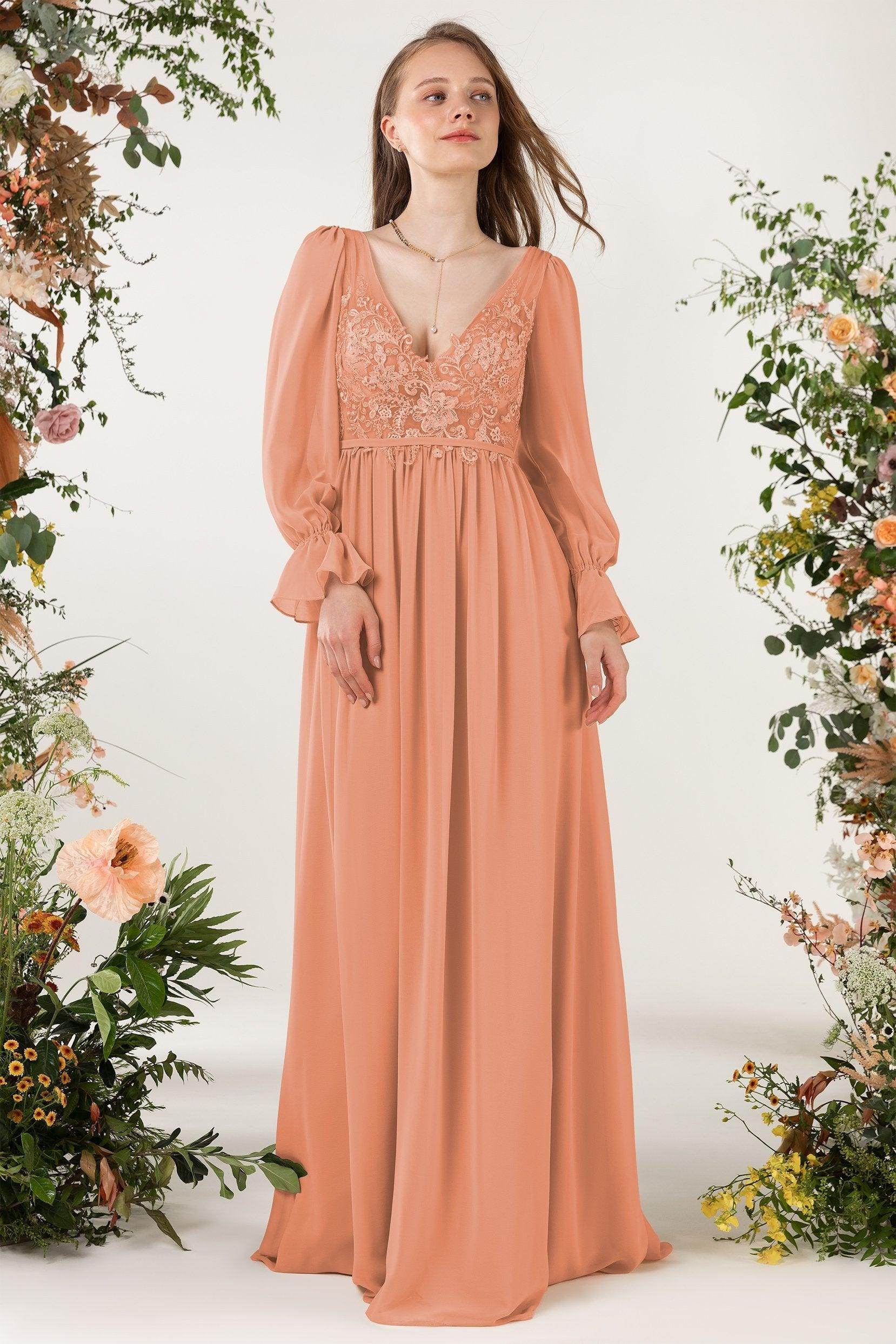 A-Line Sweep-Brush Train Chiffon Bridesmaid Dress CB0478 - COCOMELODY