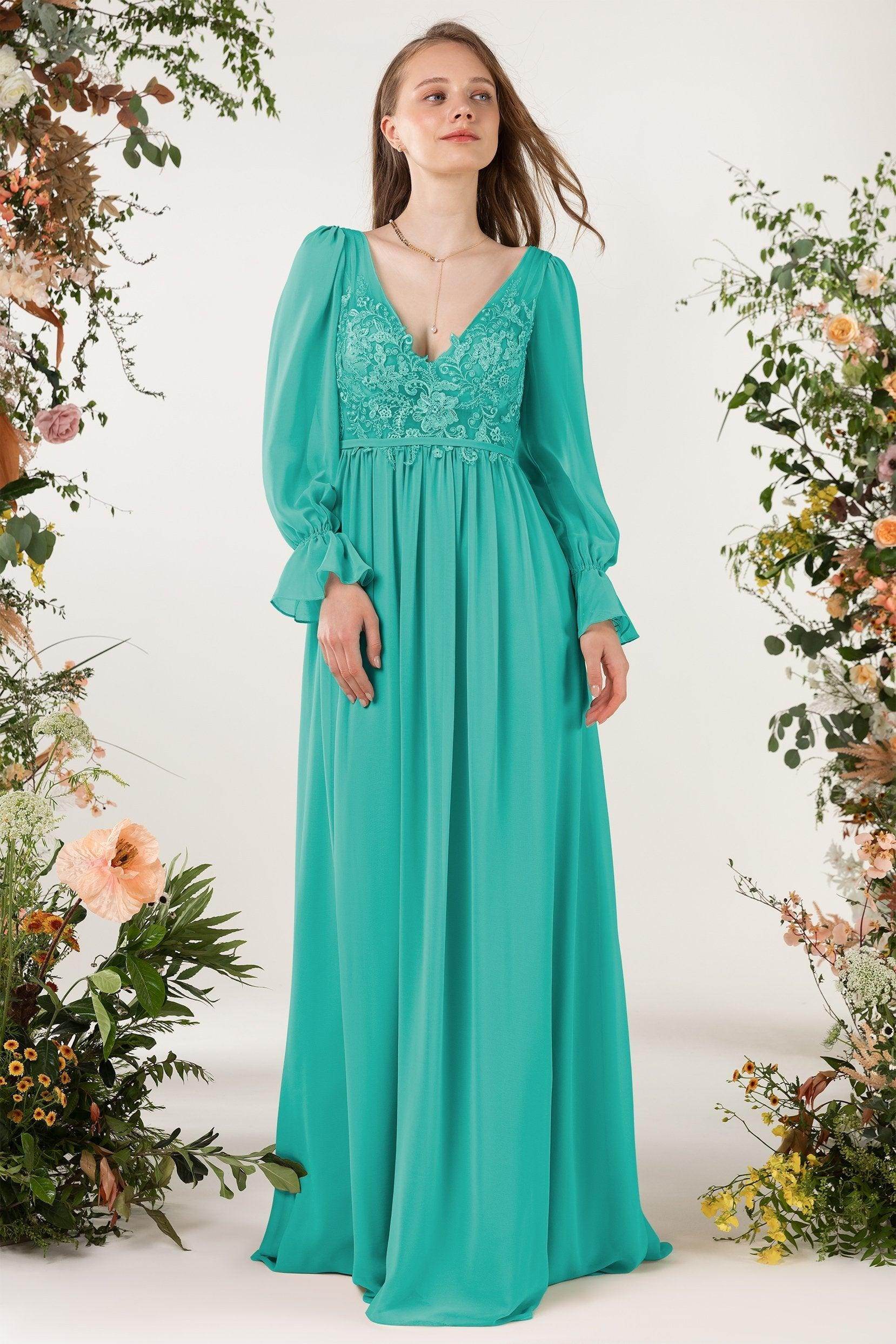A-Line Sweep-Brush Train Chiffon Bridesmaid Dress CB0478 - COCOMELODY