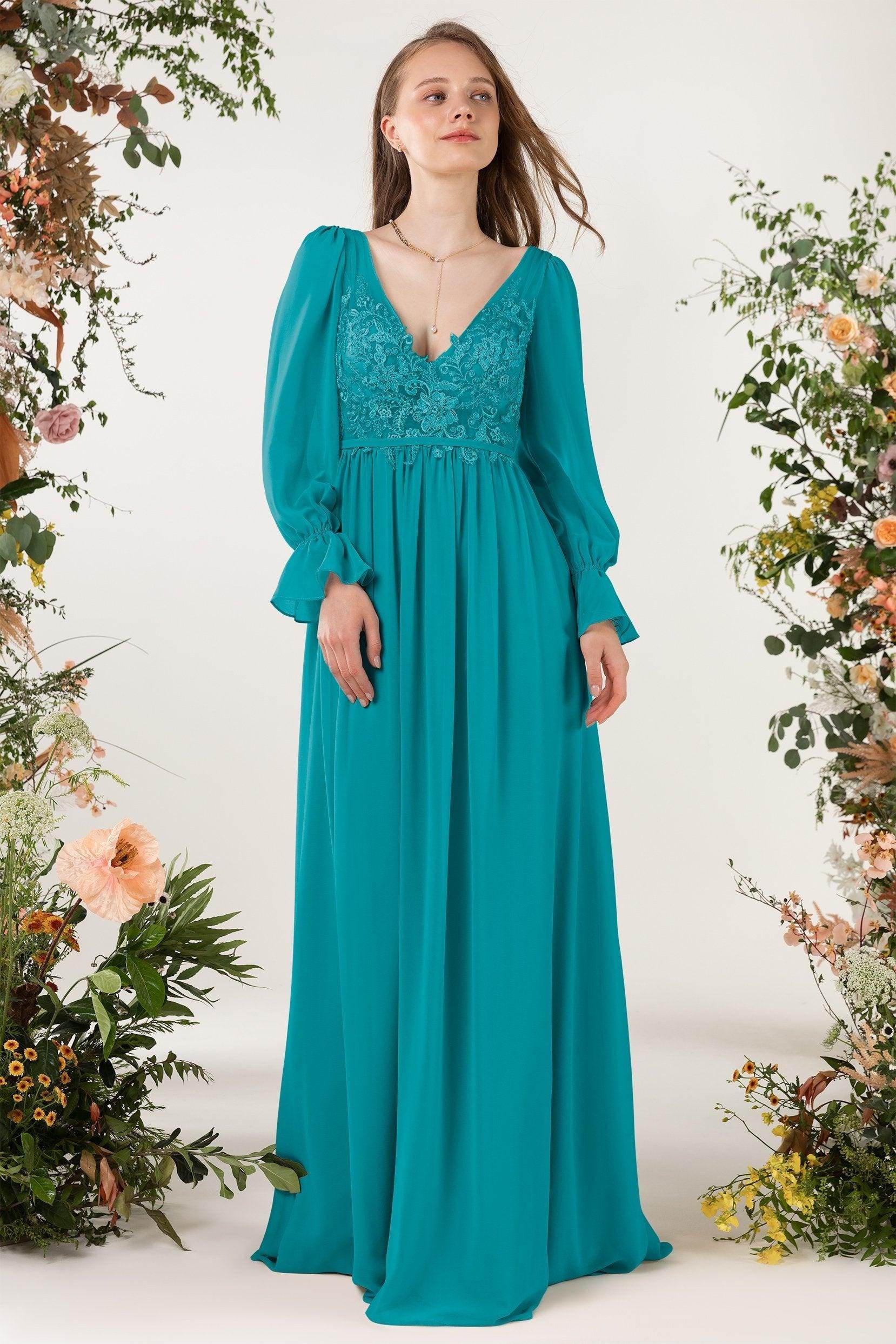 A-Line Sweep-Brush Train Chiffon Bridesmaid Dress CB0478 - COCOMELODY