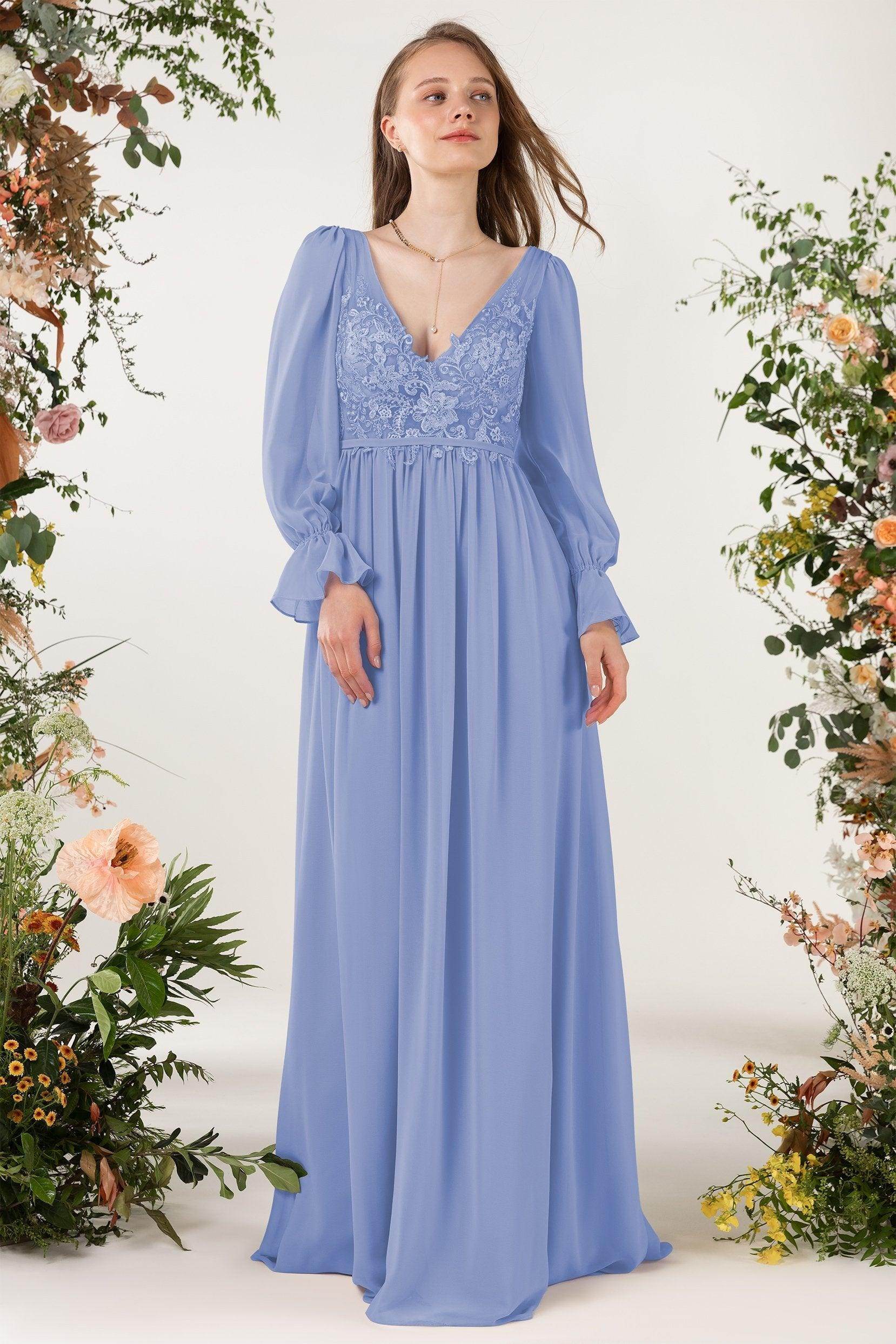 A-Line Sweep-Brush Train Chiffon Bridesmaid Dress CB0478 - COCOMELODY