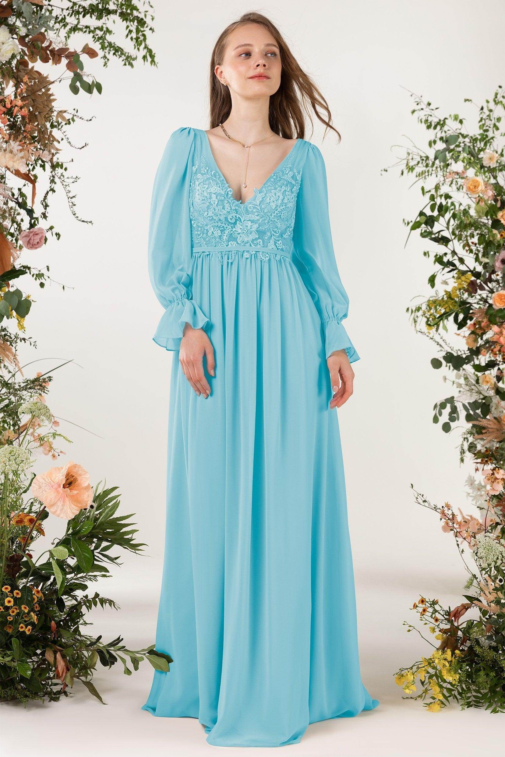 A-Line Sweep-Brush Train Chiffon Bridesmaid Dress CB0478 - COCOMELODY