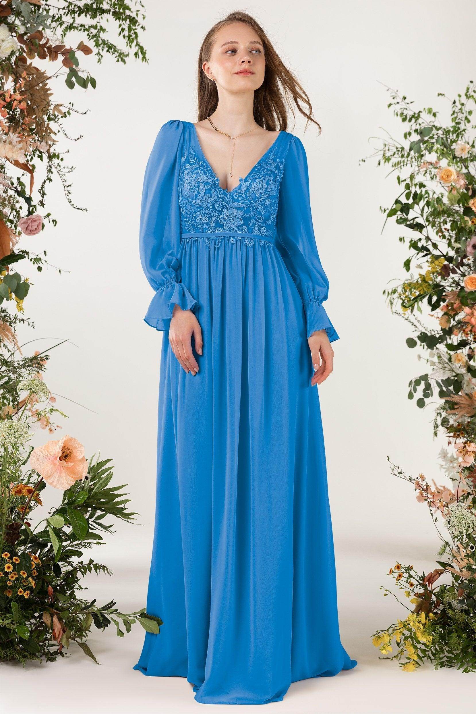 A-Line Sweep-Brush Train Chiffon Bridesmaid Dress CB0478 - COCOMELODY