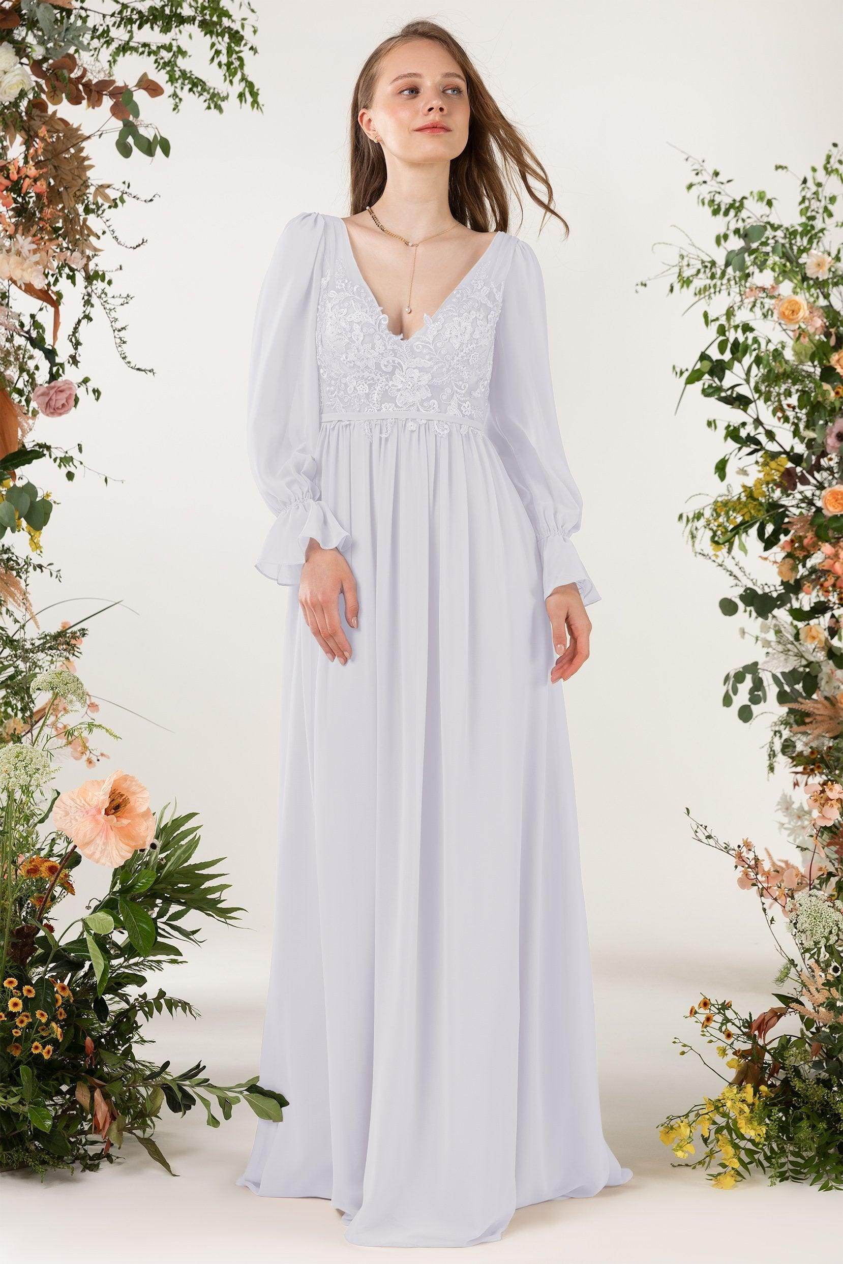 A-Line Sweep-Brush Train Chiffon Bridesmaid Dress CB0478 - COCOMELODY