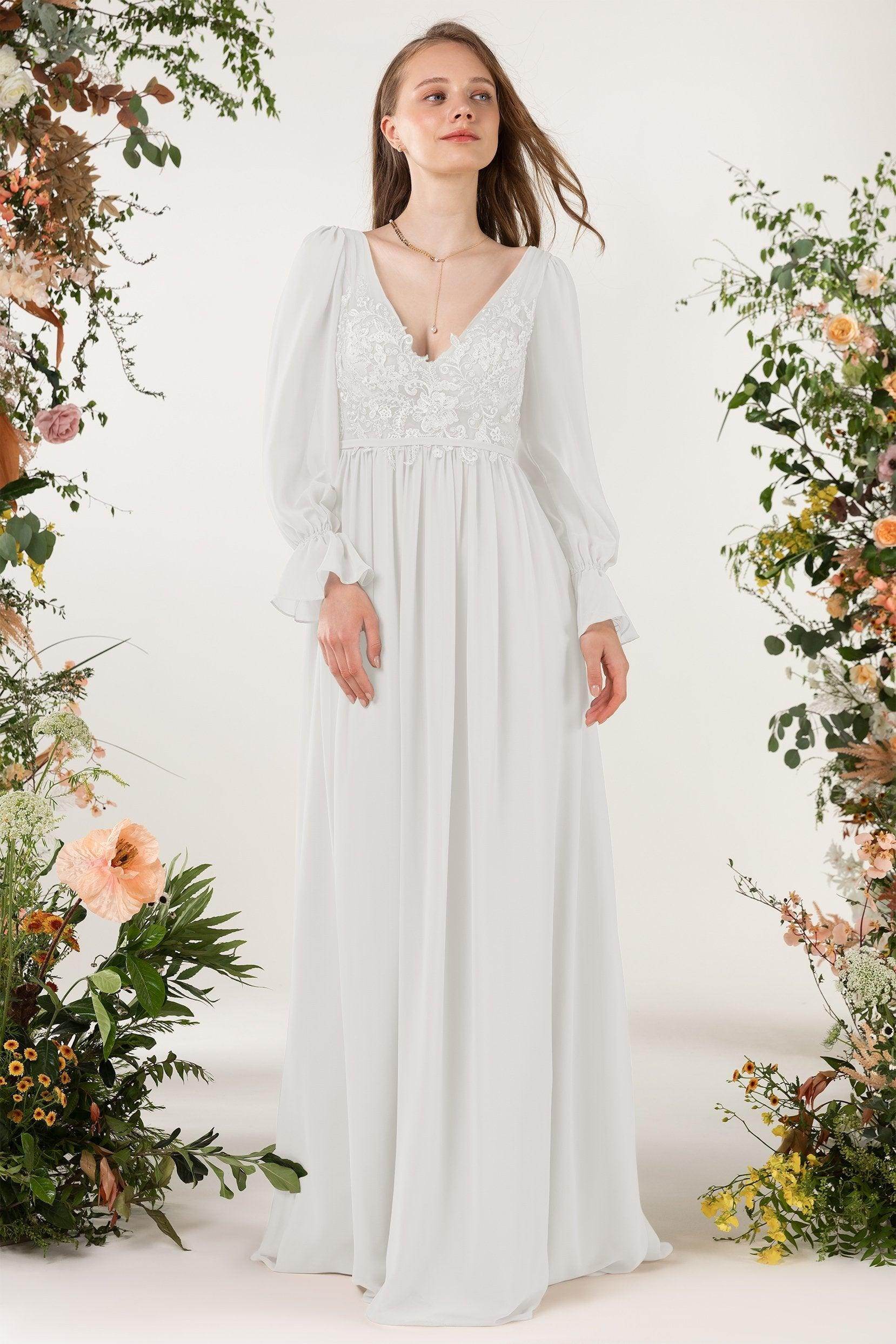 A-Line Sweep-Brush Train Chiffon Bridesmaid Dress CB0478 - COCOMELODY