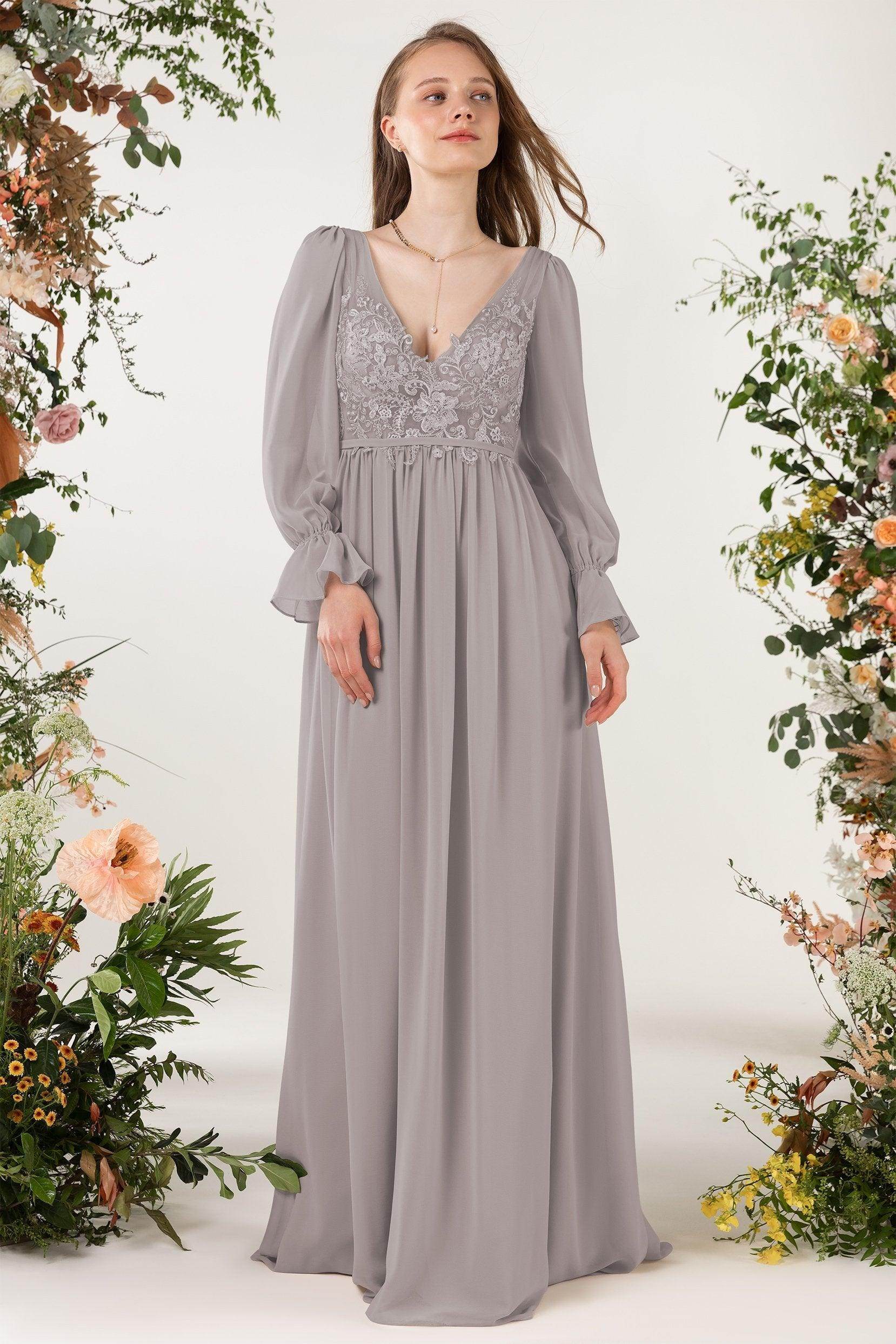 A-Line Sweep-Brush Train Chiffon Bridesmaid Dress CB0478 - COCOMELODY