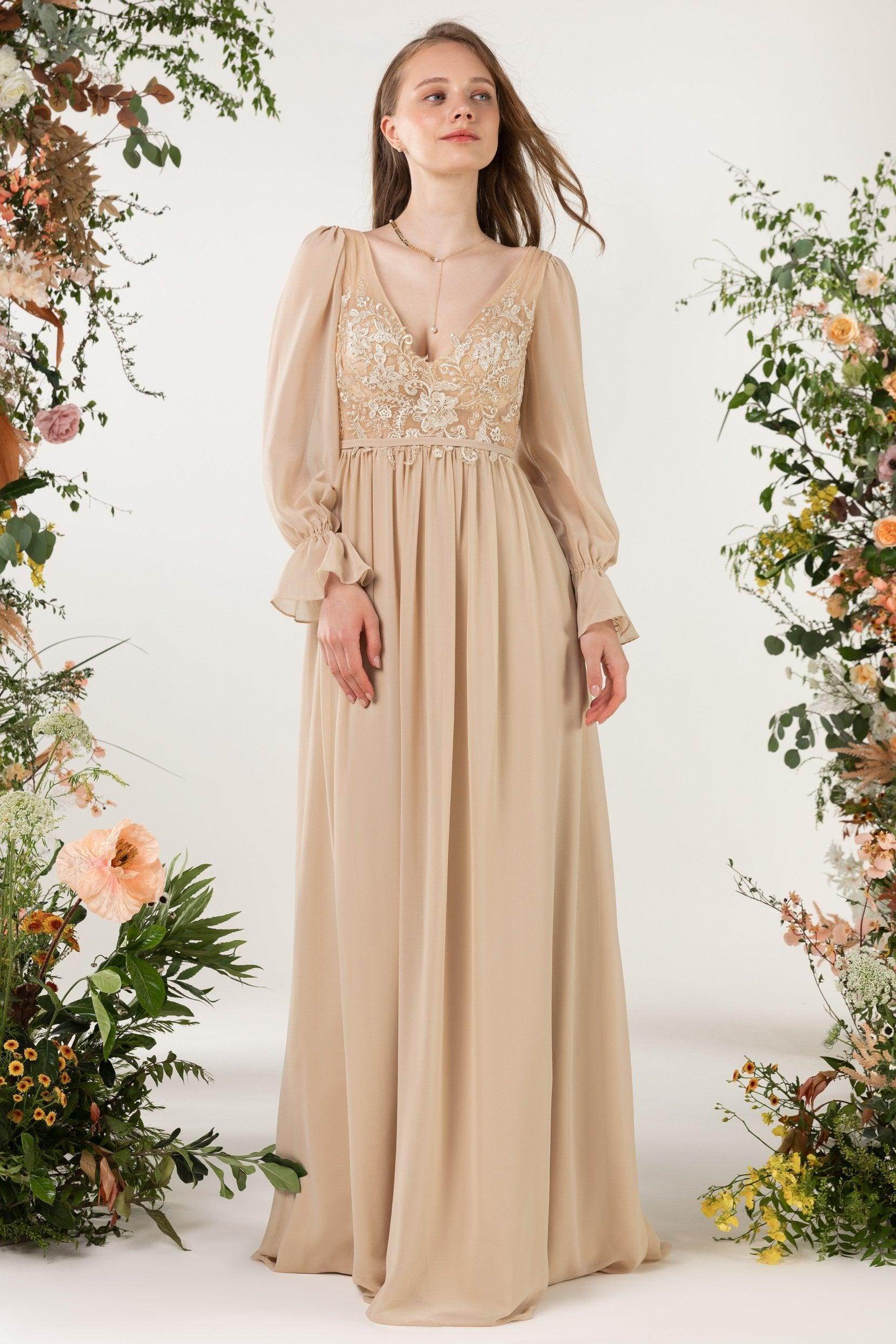 A-Line Sweep-Brush Train Chiffon Bridesmaid Dress CB0478 - COCOMELODY