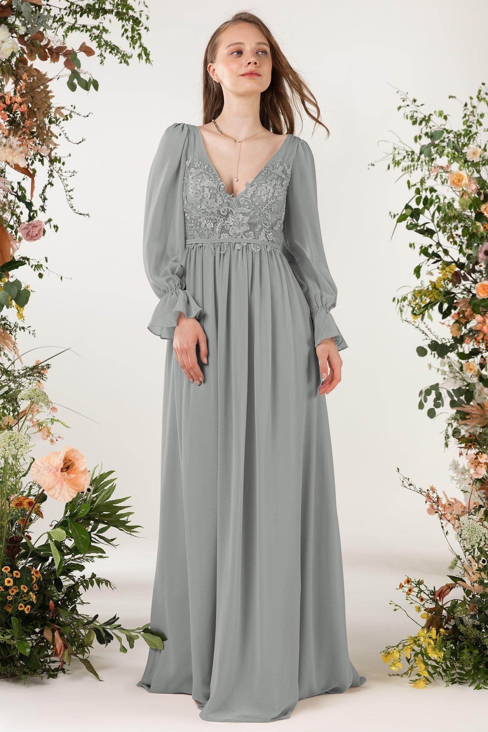 A-Line Sweep-Brush Train Chiffon Bridesmaid Dress CB0478 - COCOMELODY