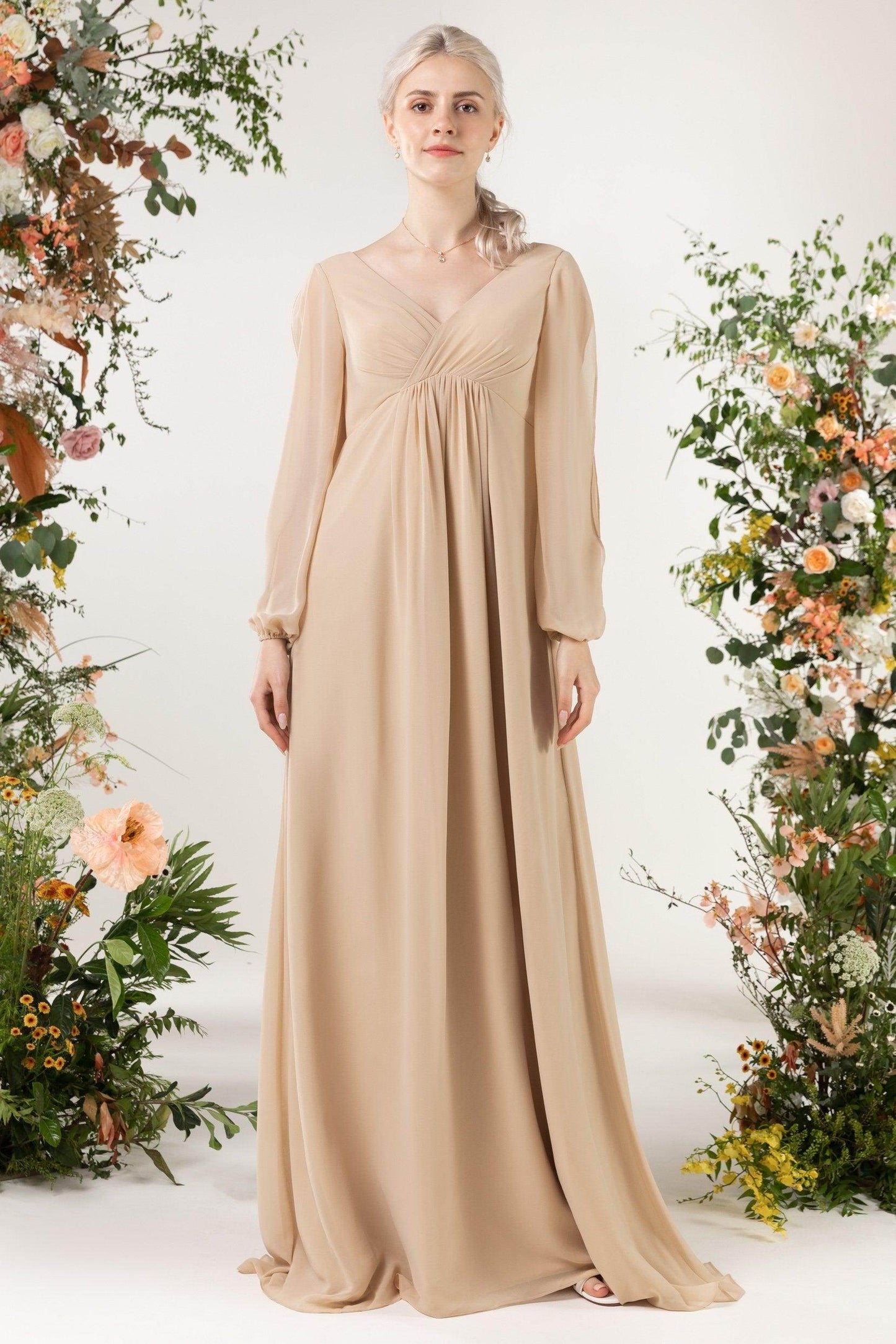 A-Line Sweep-Brush Train Chiffon Bridesmaid Dress CB0479 - COCOMELODY