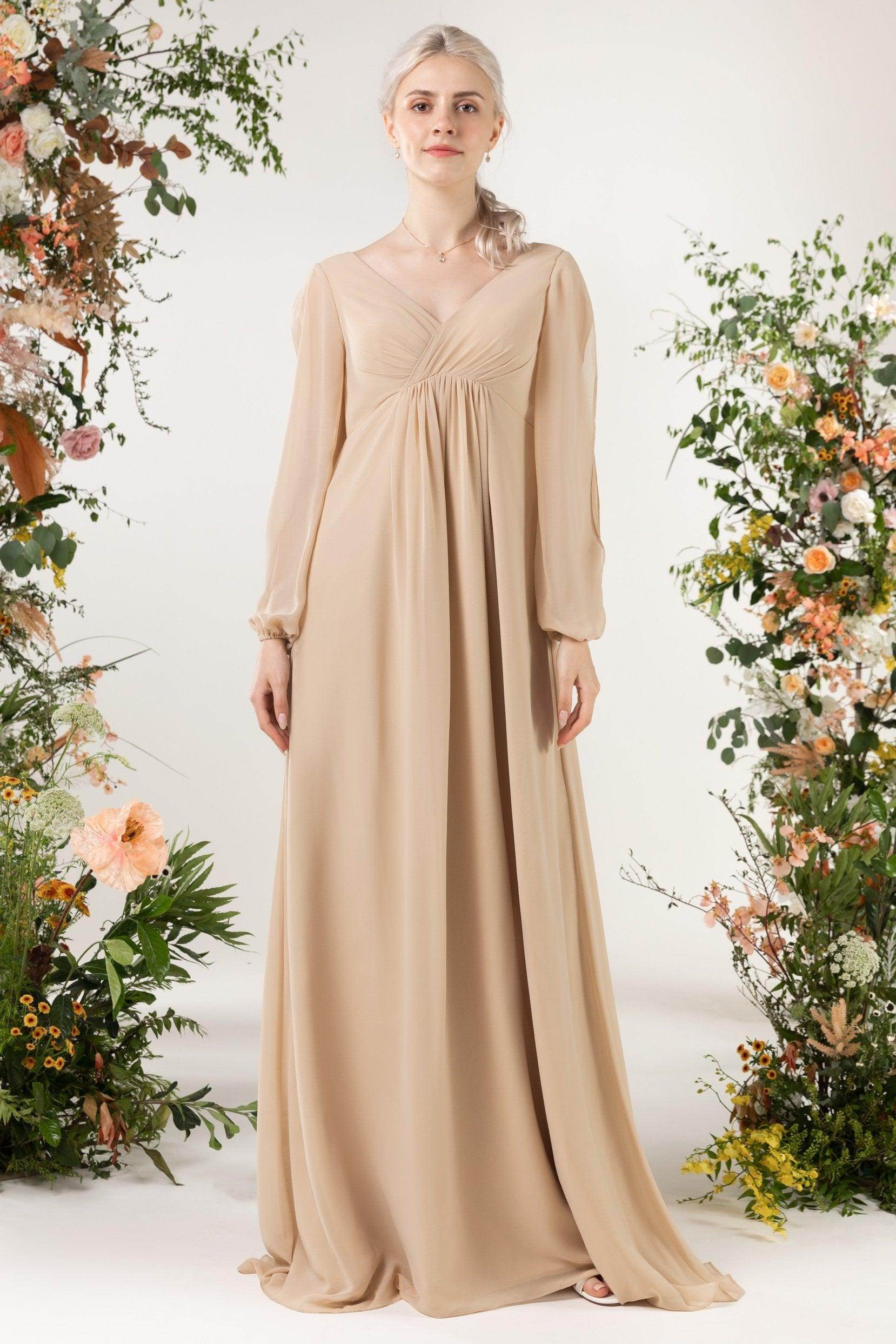 A-Line Sweep-Brush Train Chiffon Bridesmaid Dress CB0479 - COCOMELODY