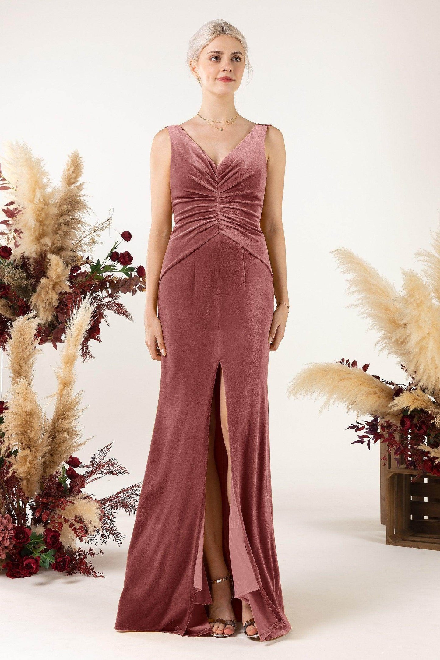Sheath Sweep-Brush Train Velvet Bridesmaid Dress CB0518 - COCOMELODY