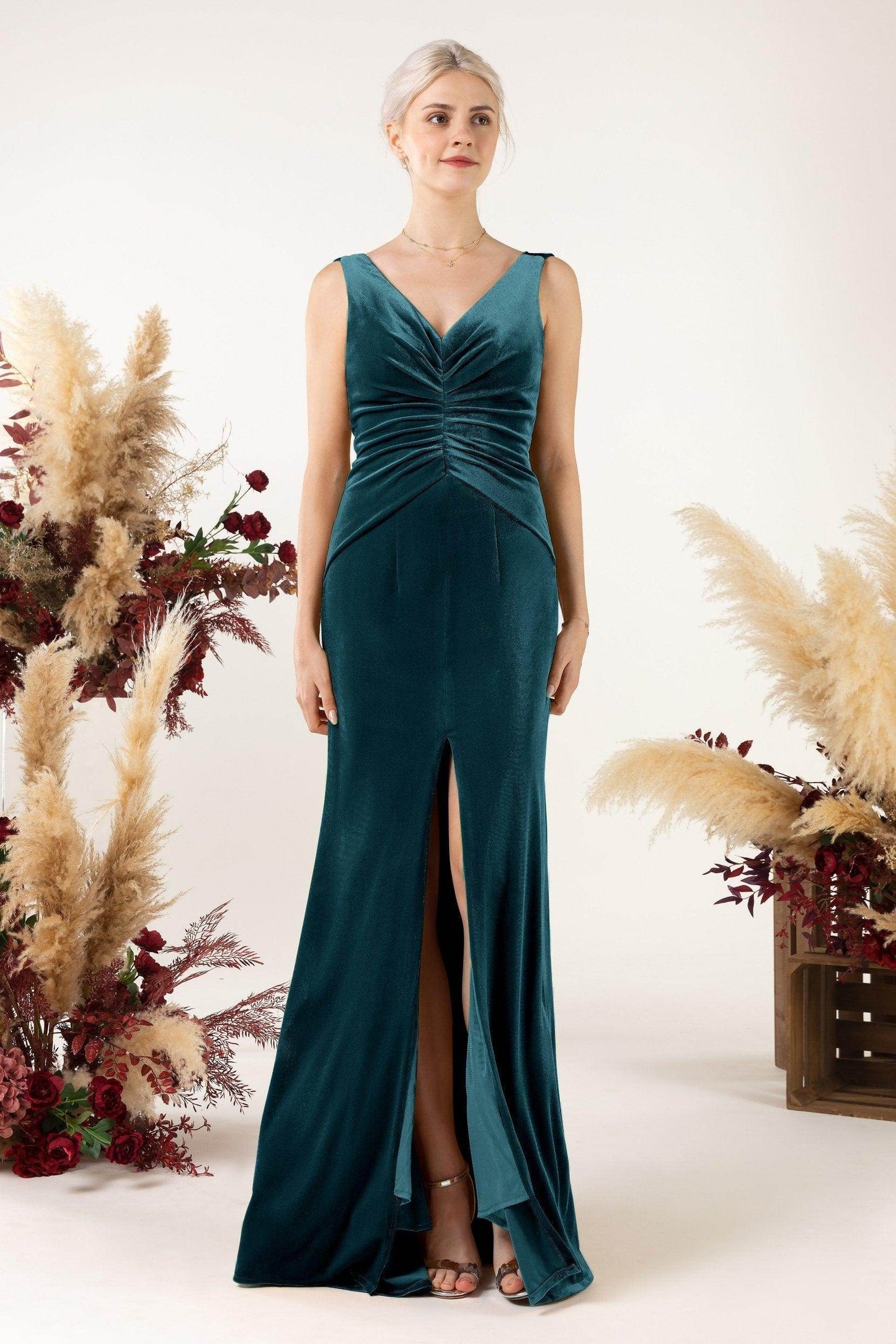 Sheath Sweep-Brush Train Velvet Bridesmaid Dress CB0518 - COCOMELODY