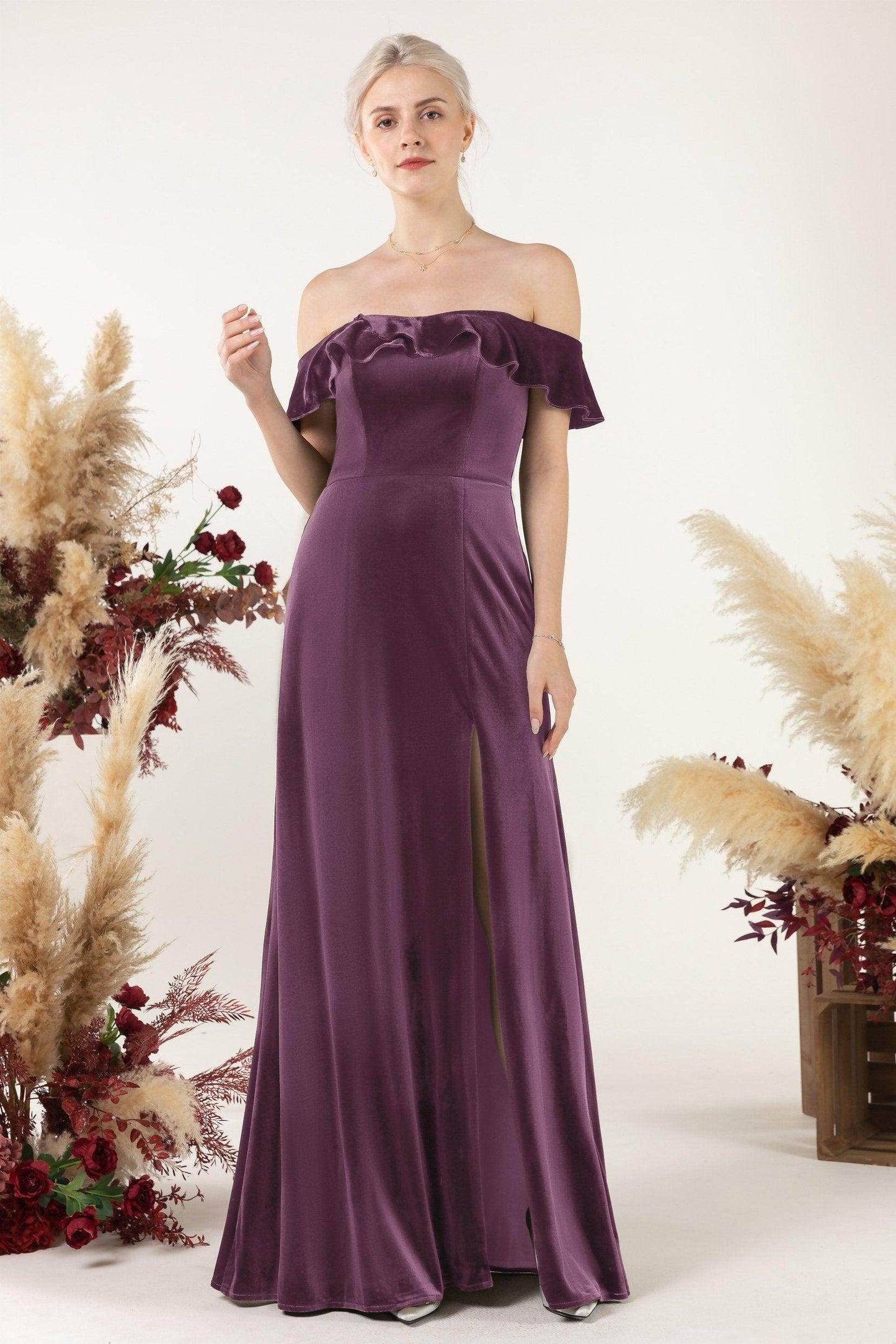Sheath-Column Floor Length Velvet Bridesmaid Dress Formal Dresses CB0522 - COCOMELODY