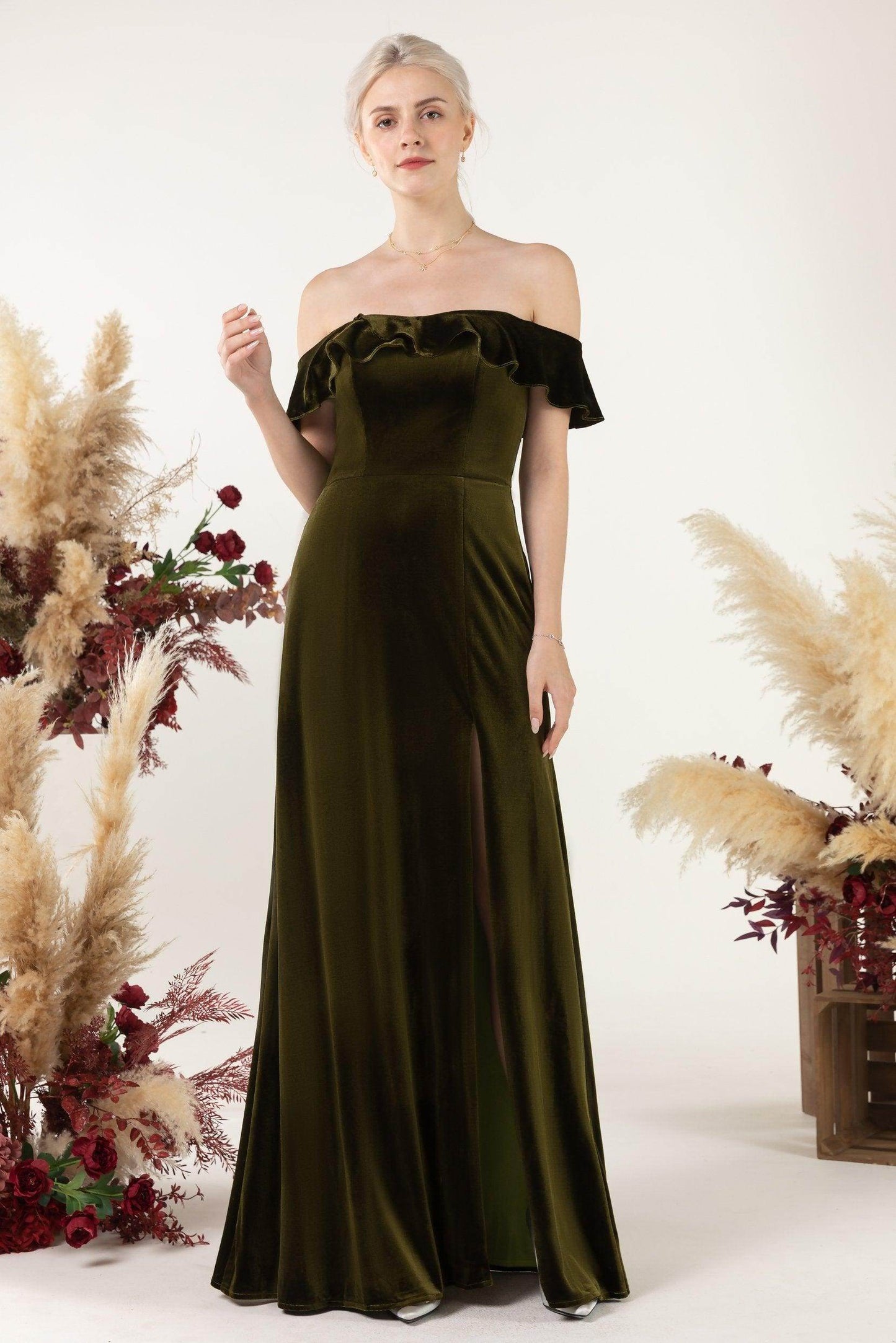 Sheath-Column Floor Length Velvet Bridesmaid Dress Formal Dresses CB0522 - COCOMELODY