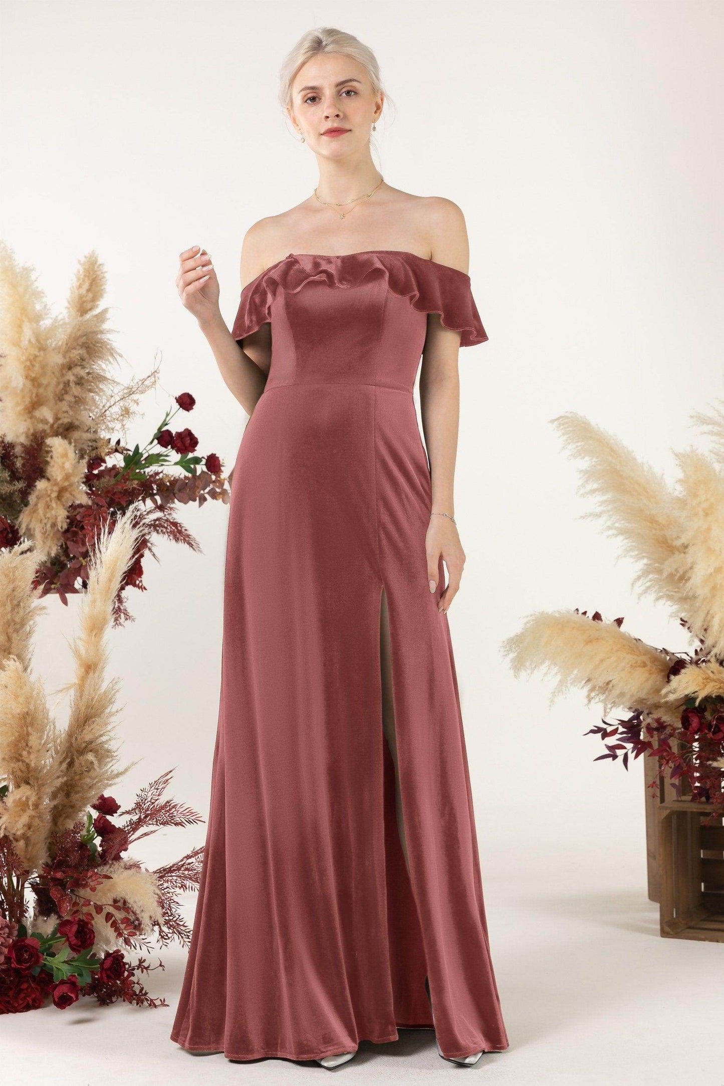 Sheath-Column Floor Length Velvet Bridesmaid Dress Formal Dresses CB0522 - COCOMELODY