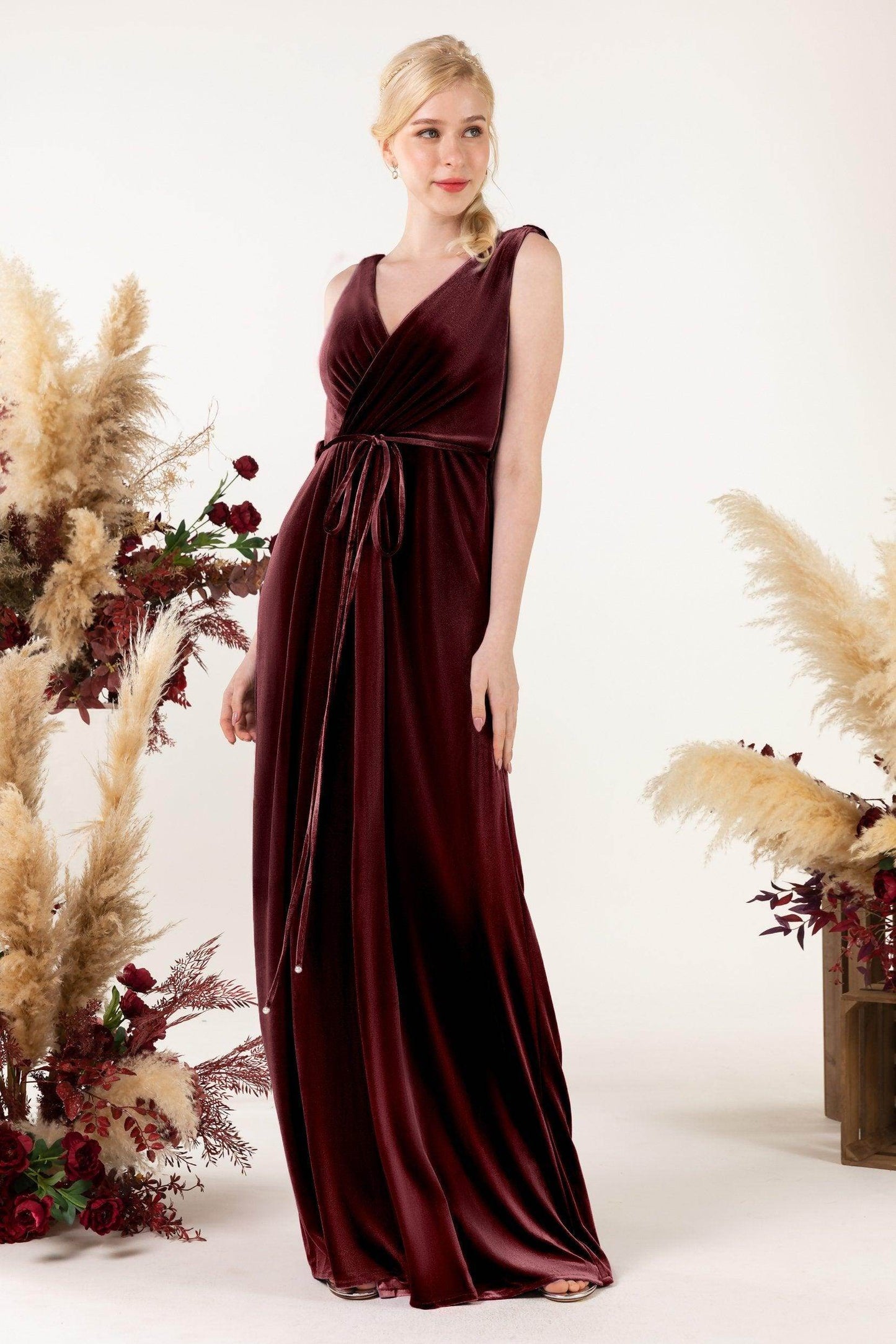 Sheath-Column Floor Length Velvet Bridesmaid Dress Formal Dresses CB0525 - COCOMELODY