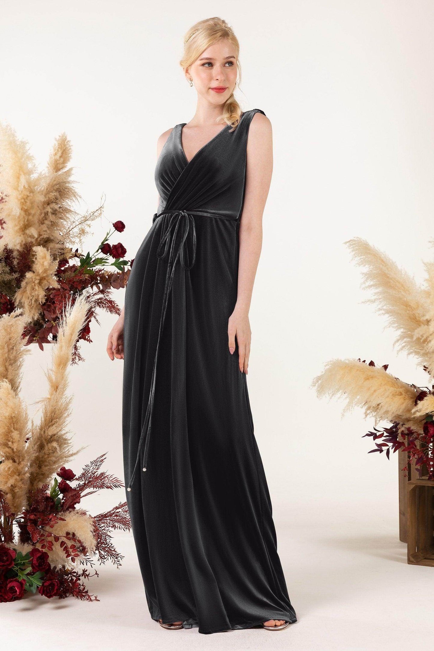 Sheath-Column Floor Length Velvet Bridesmaid Dress Formal Dresses CB0525 - COCOMELODY