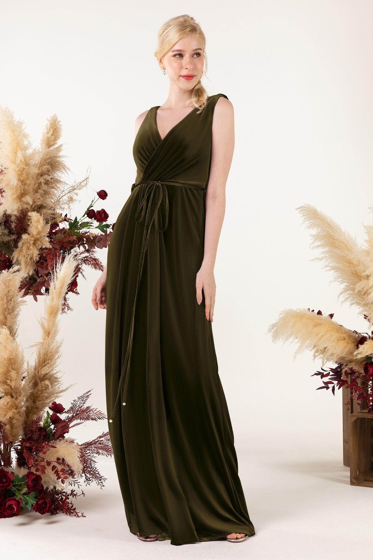Sheath-Column Floor Length Velvet Bridesmaid Dress Formal Dresses CB0525 - COCOMELODY