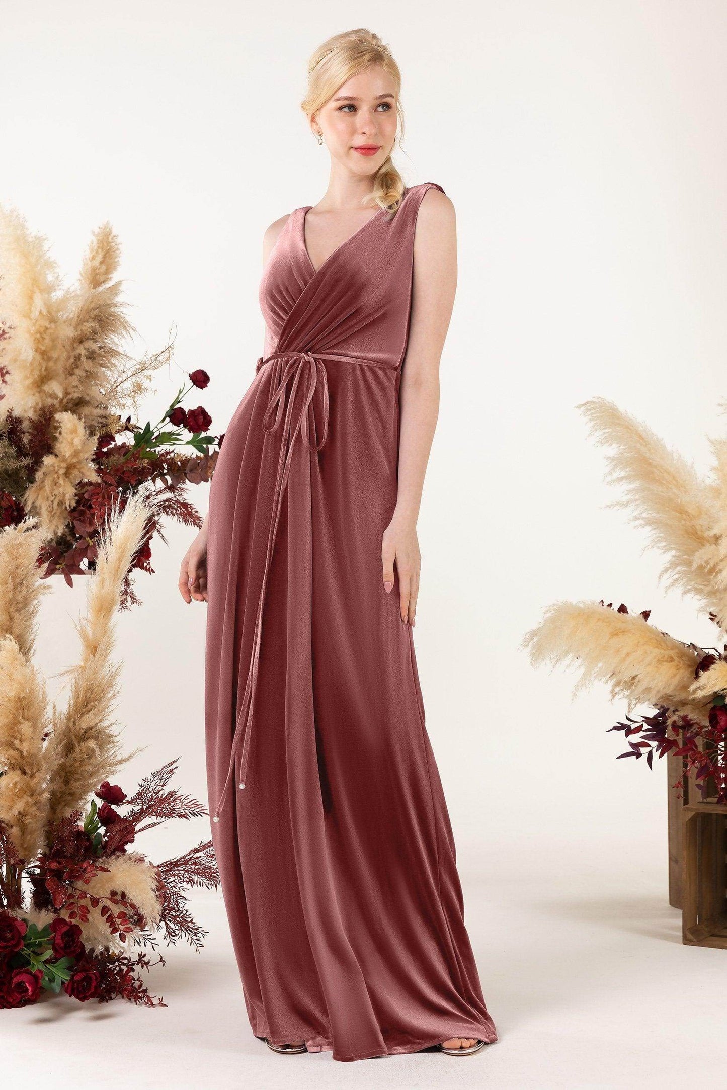 Sheath-Column Floor Length Velvet Bridesmaid Dress Formal Dresses CB0525 - COCOMELODY