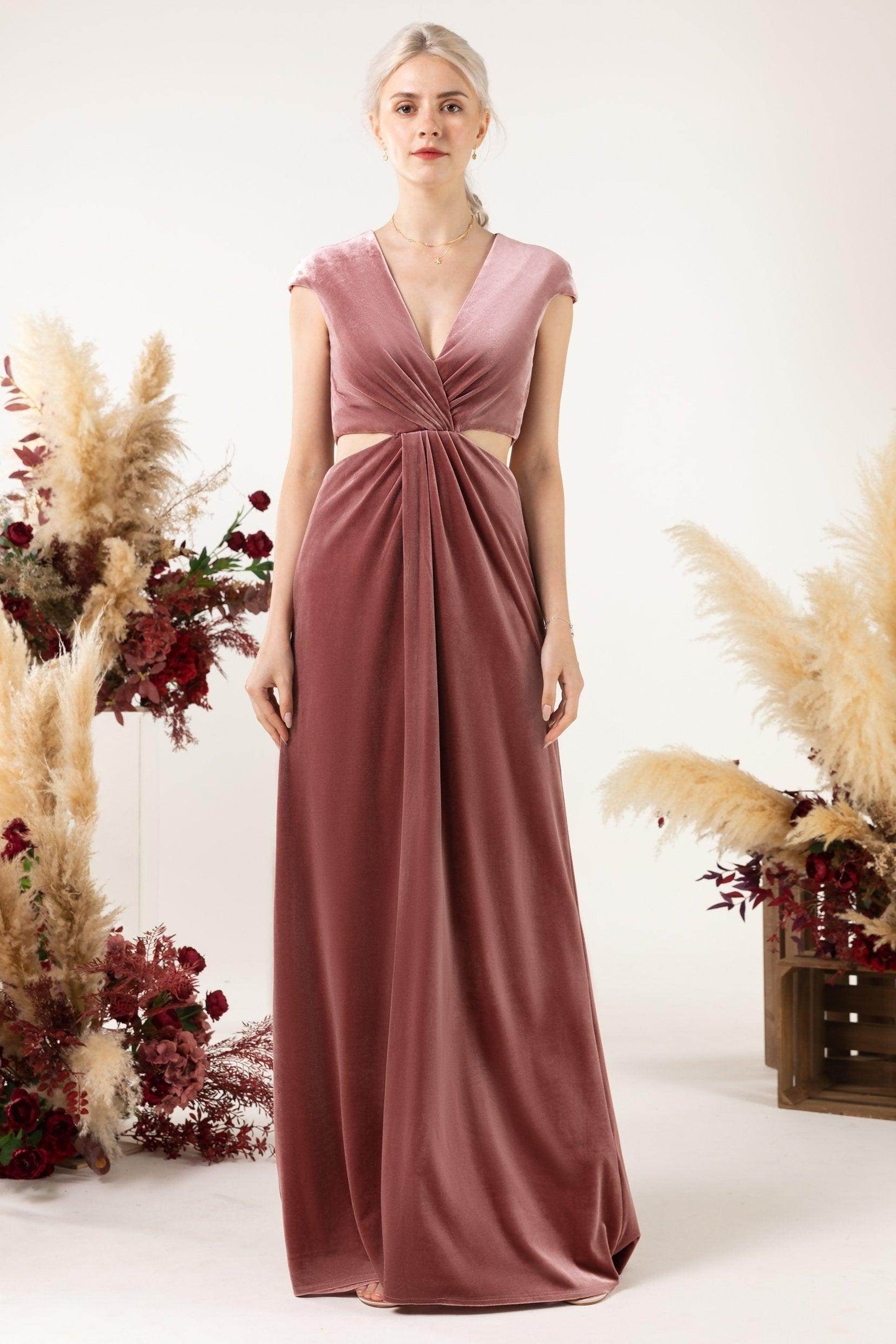 Sheath Sweep-Brush Train Velvet Bridesmaid Dress Formal Dresses CB0527 - COCOMELODY