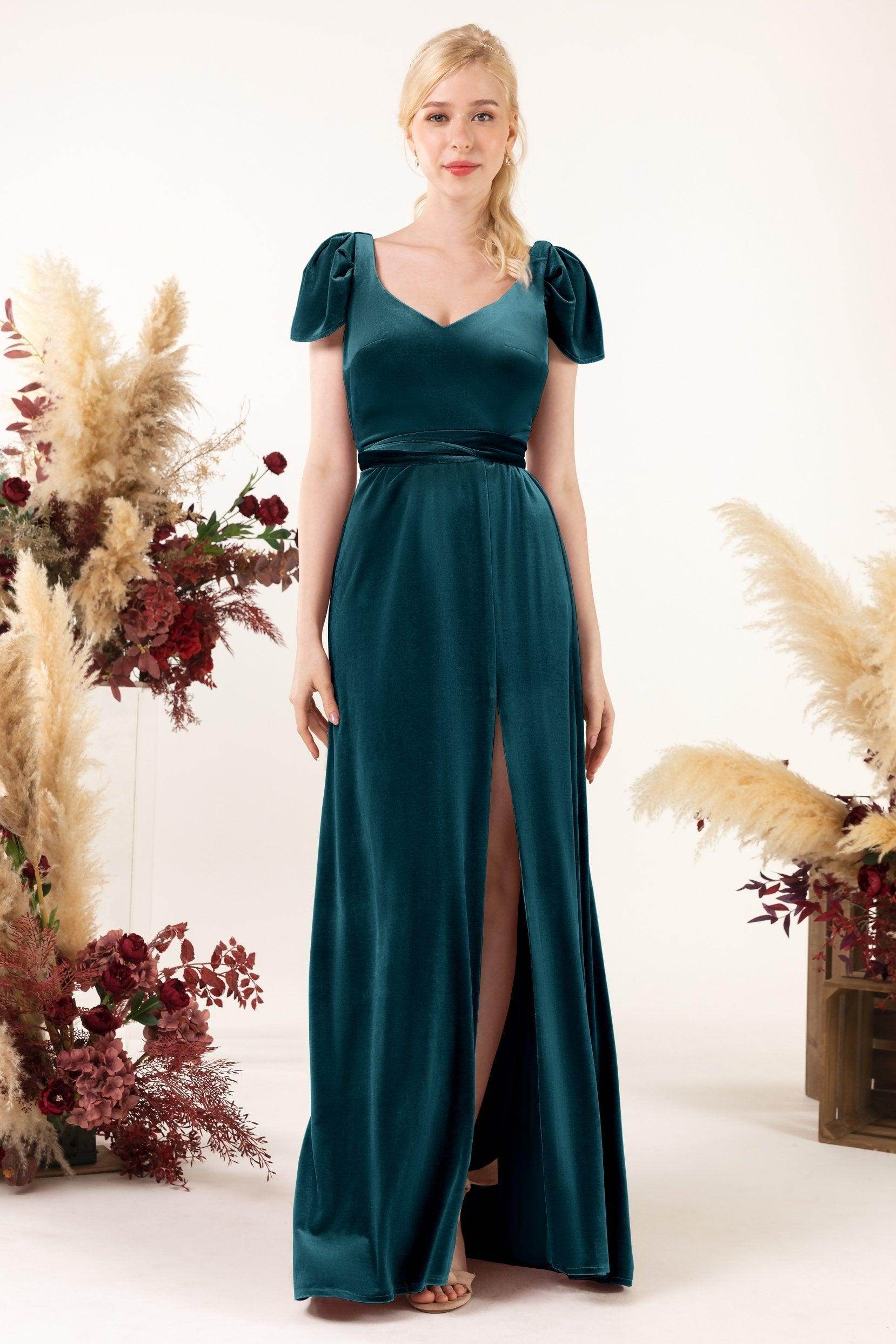 Sheath-Column Floor Length Velvet Bridesmaid Dress Formal Dresses CB0528 - COCOMELODY