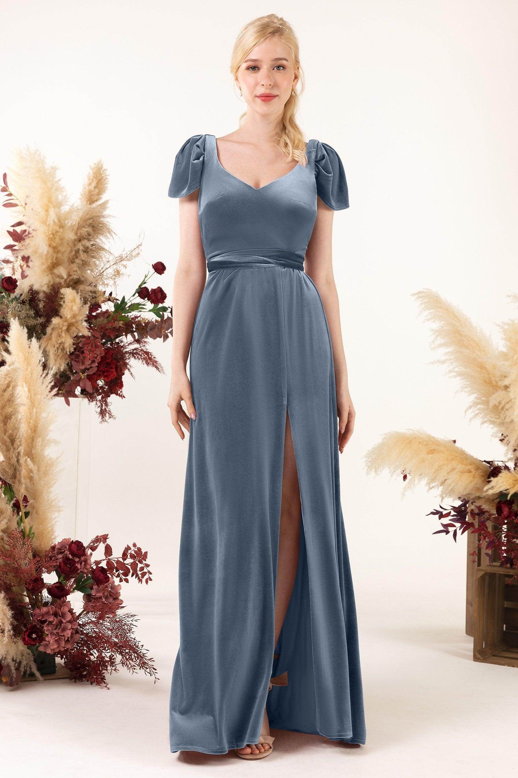 Sheath-Column Floor Length Velvet Bridesmaid Dress Formal Dresses CB0528 - COCOMELODY